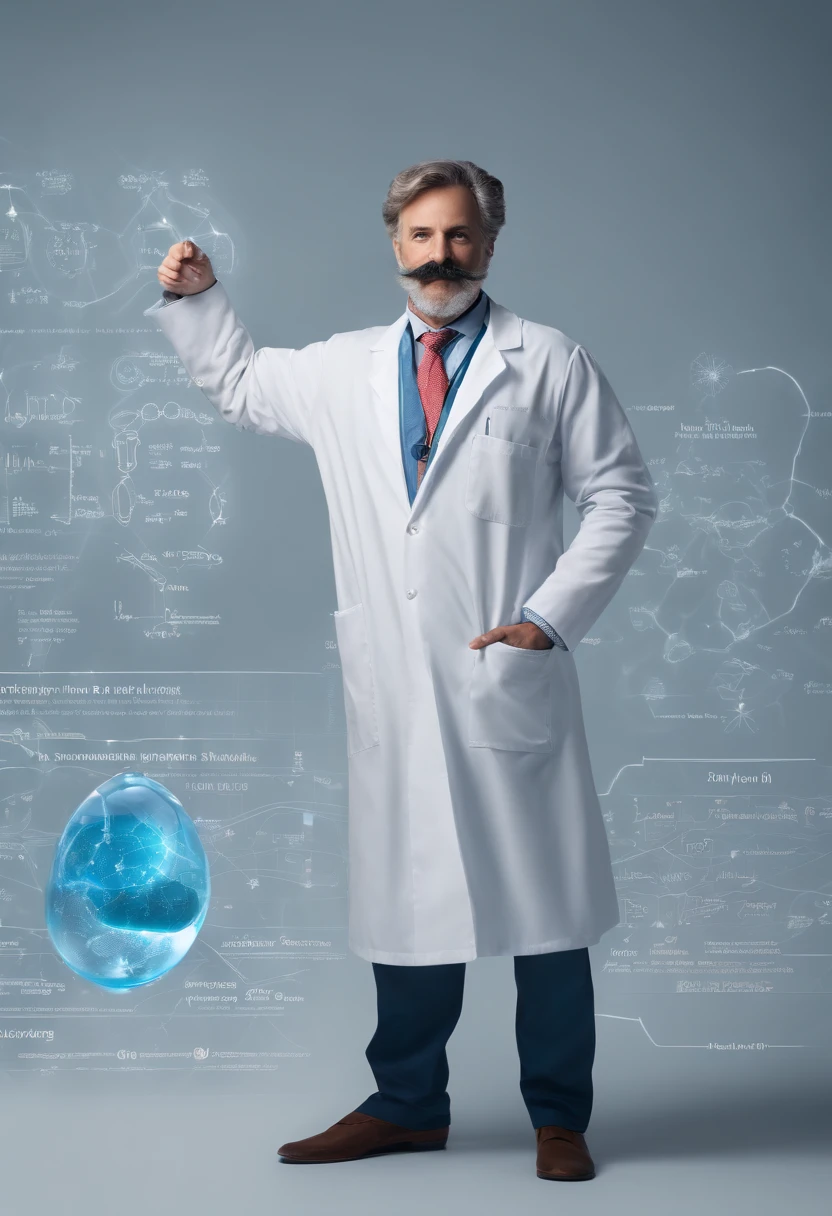 (Rosto superdetalhado,corpo inteirio, realistic lighting, vivid colors, High resolution painting:1.1), genie, physics, quadro-negro, messy hair, olhar intenso, Iconic pose, velho, White lab coat, Iconic mustache, rugas profundas, olhos penetrantes, wise expression, Scientific equations, Historical Figure, Mathematical formulas, Resumo Antecedentes, scientific discovery, revolutionary scientist, holding on medical pill blue
