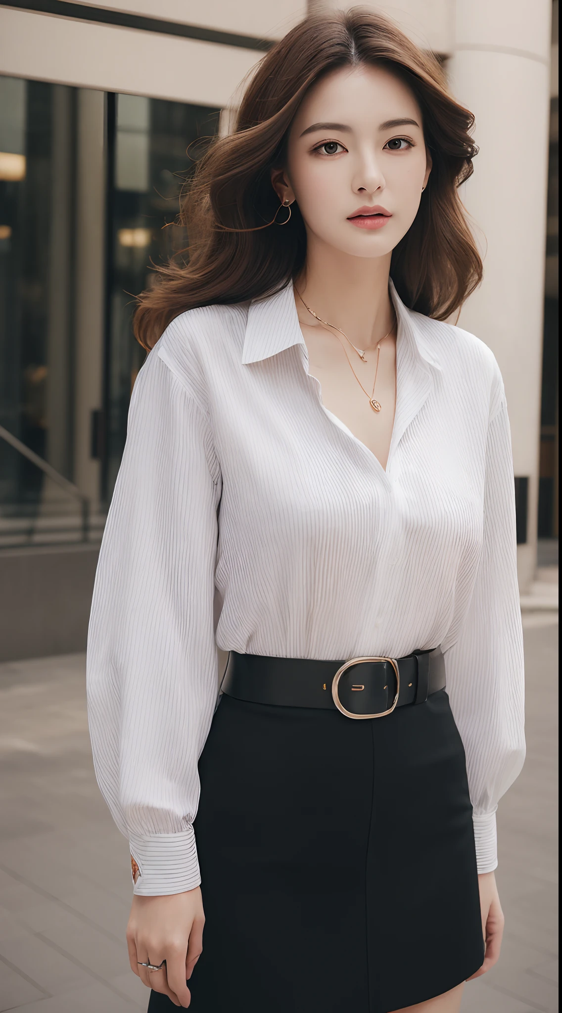 (Best quality, High resolution, Masterpiece :1.3), A tall and pretty woman, Slender abs, Dark brown hair styled in loose waves, Breasts, Wearing pendant, White button up shirt, Belt, Black skirt, (Modern architecture in background), Details exquisitely rendered in the face and skin texture, Detailed eyes, Double eyelid