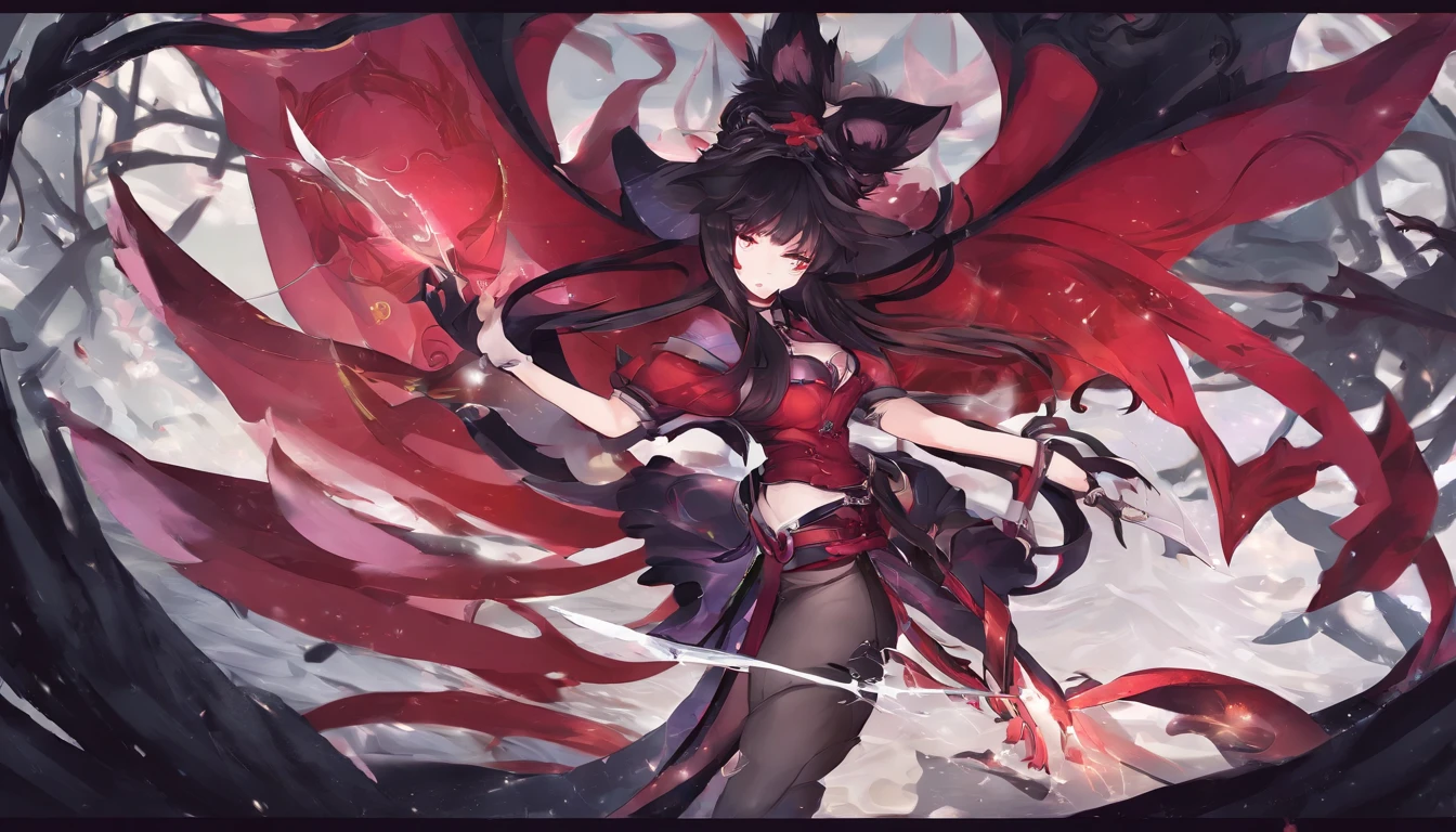 1girl, black long hair, red eyes, wolf ears, wolf tail, full body, revealing two piece outfit, no shoes