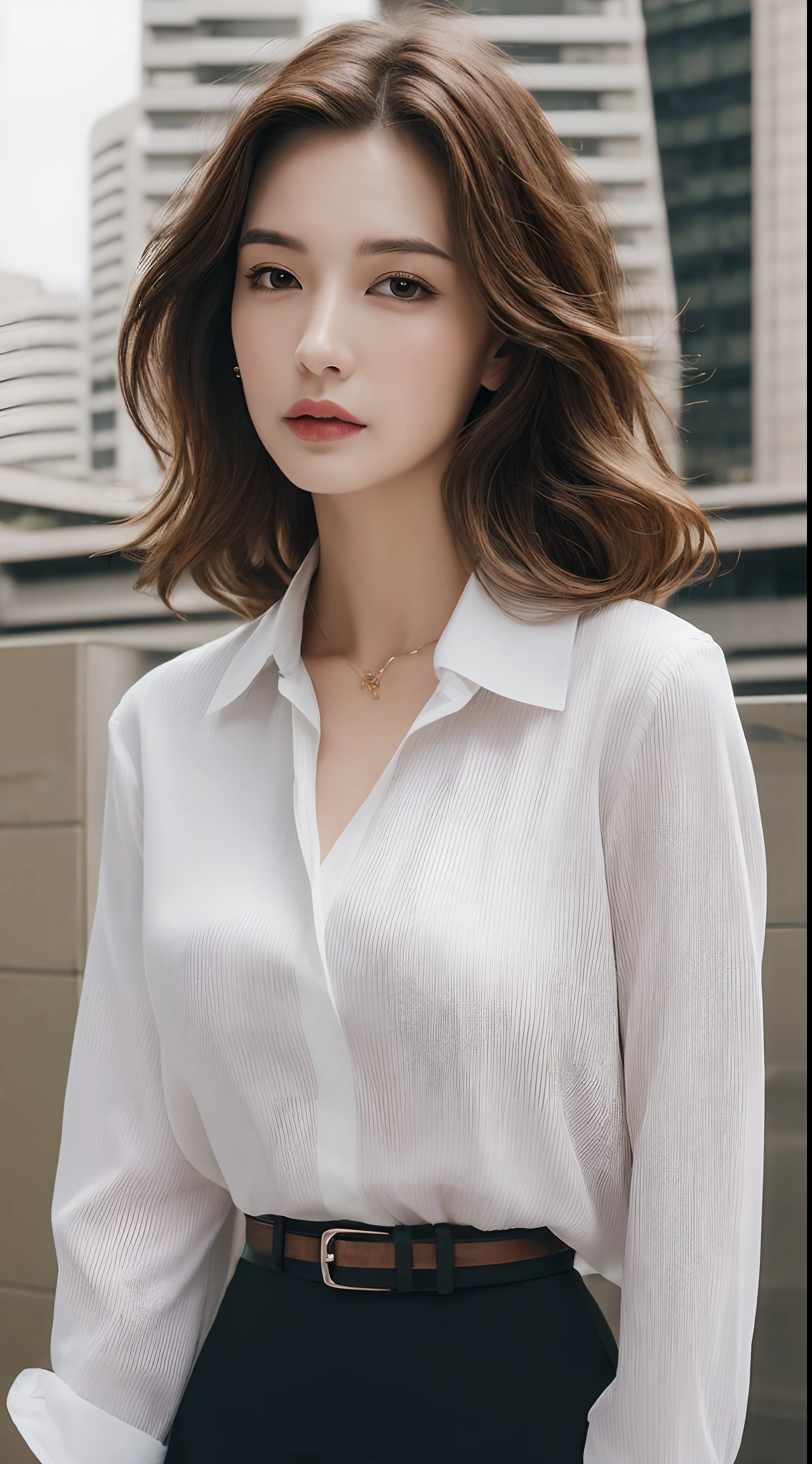 (Best quality, High resolution, Masterpiece :1.3), A tall and pretty woman, Slender abs, Dark brown hair styled in loose waves, Breasts, Wearing pendant, White button up shirt, Belt, Black skirt, (Modern architecture in background), Details exquisitely rendered in the face and skin texture, Detailed eyes, Double eyelid