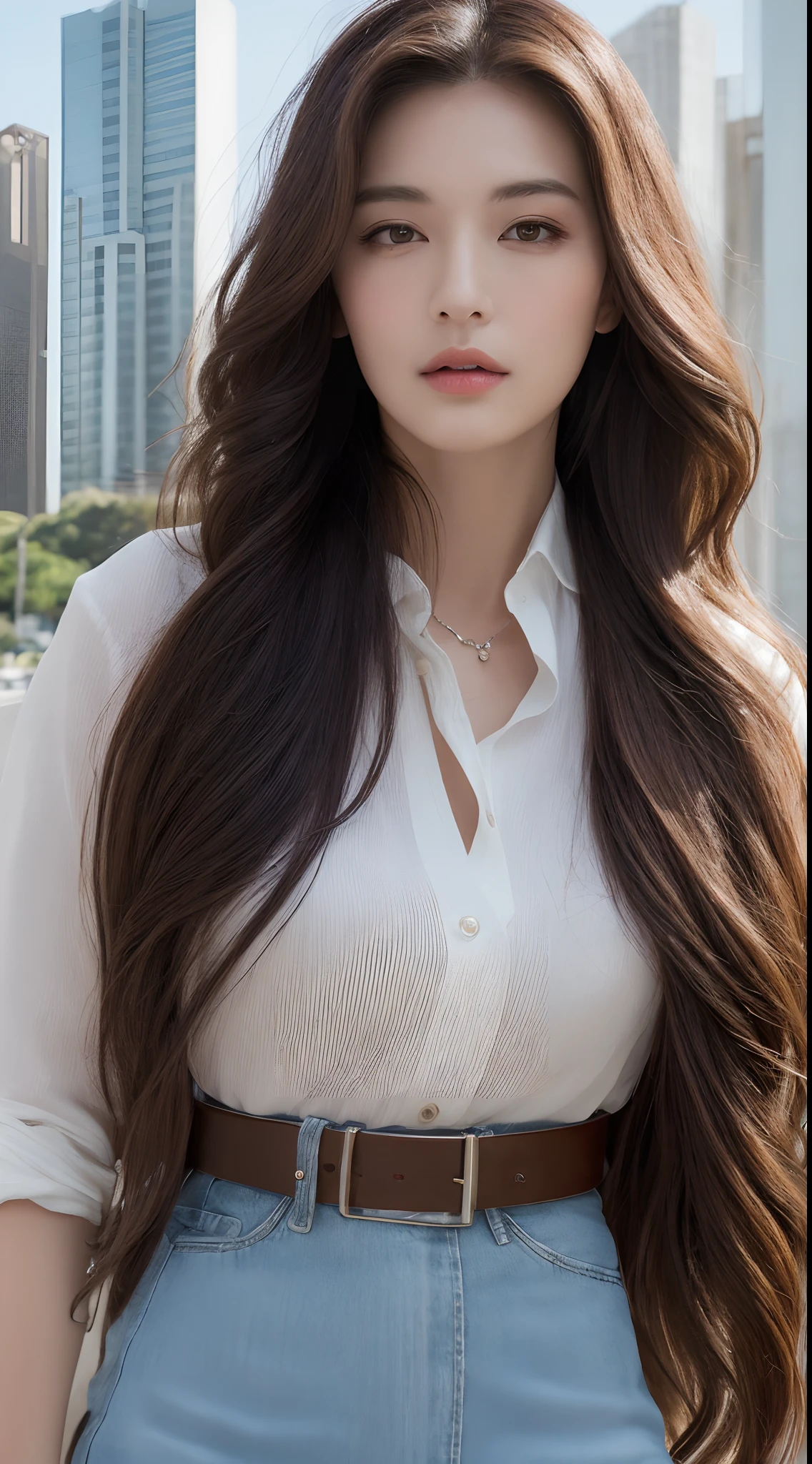 (Best quality, High resolution, Masterpiece :1.3), A tall and pretty woman, Slender abs, Dark brown hair styled in loose waves, Breasts, Wearing pendant, White button up shirt, Belt, Black skirt, (Modern architecture in background), Details exquisitely rendered in the face and skin texture, Detailed eyes, Double eyelid