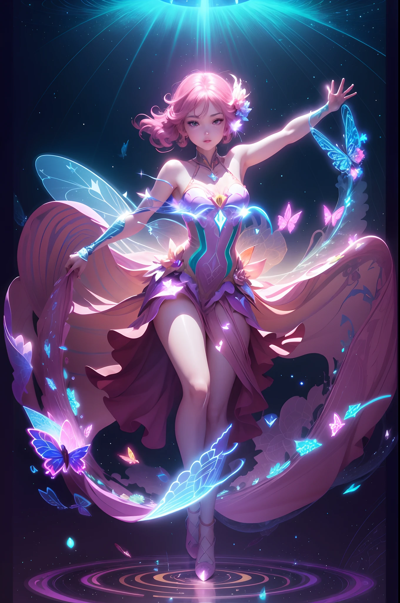 ultra detailed cel shading drawing of a fairy with holographic dress flying, holographic dress, blushed, magical forest intricately detailed, butterflies, tiny fireflies, stuningly beautiful face, focus on face, dynamic pose, holographic, light particles, ultra detailed, hit definition, 32k resolution, best quality, flat lighting, flat colors, manga, anime, cartoon, vector, (colorful and vibrant) ((high saturation))