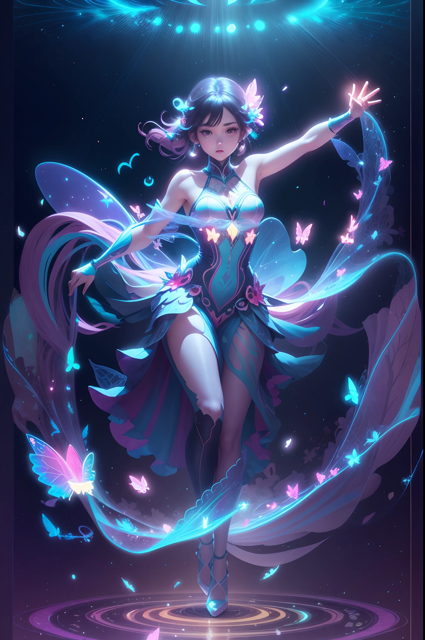 ultra detailed cel shading drawing of a fairy with holographic dress flying, holographic dress, blushed, magical forest intricately detailed, butterflies, tiny fireflies, stuningly beautiful face, focus on face, dynamic pose, holographic, light particles, ultra detailed, hit definition, 32k resolution, best quality, flat lighting, flat colors, manga, anime, cartoon, vector, (colorful and vibrant) ((high saturation))