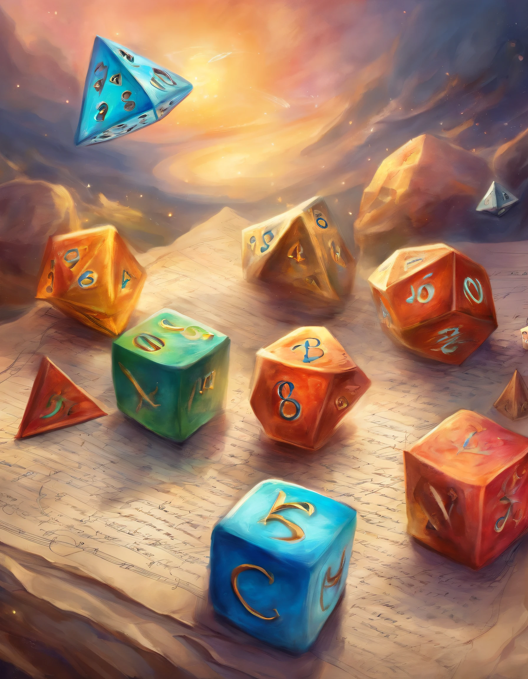 colorful dice and pecil over paper sheet with notes. Compass and writing instruments in the margins of the figure.