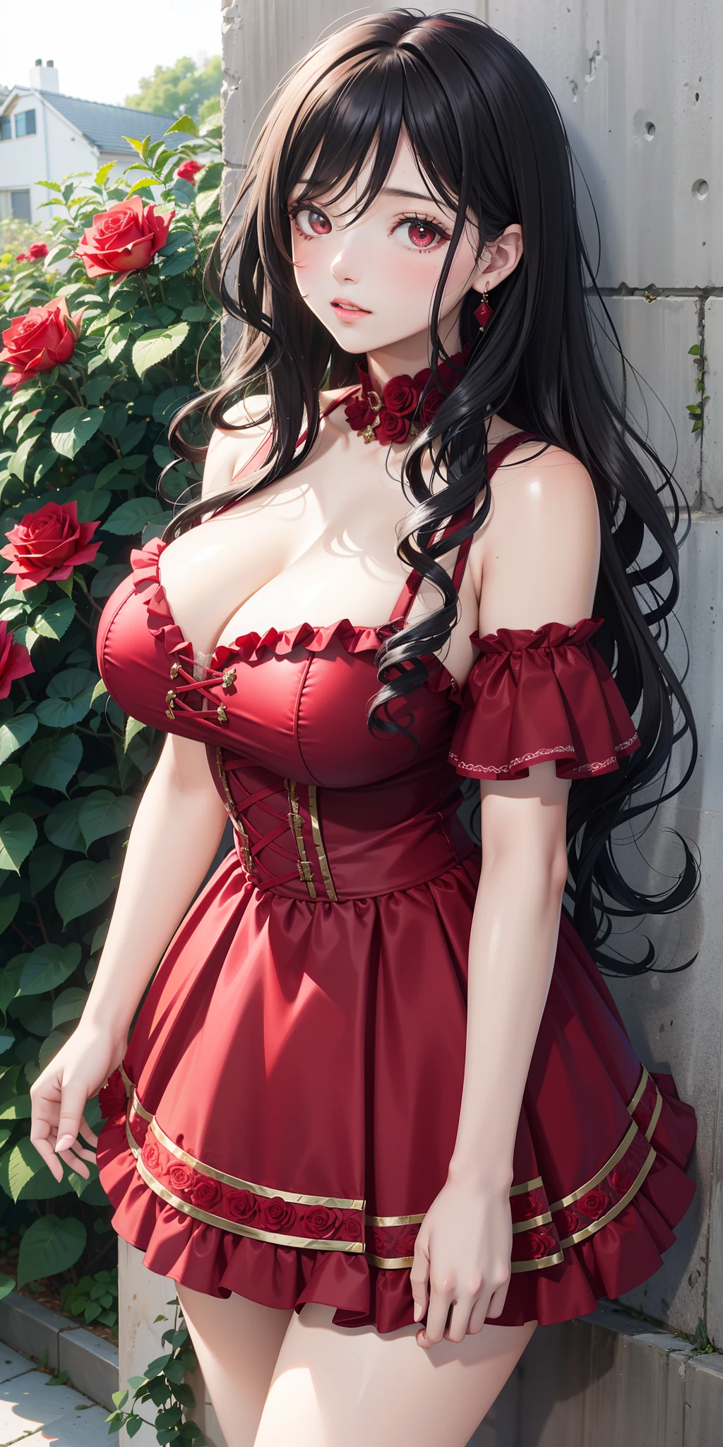 Large breasts, ((1 beautiful girl)) ((black hair, wavy color degrader)), flowing hair, red eyes, light effect on the eyes, sexy red skirt dress with ruffles at the edges, parted lips, blush, ((hyper detailed, ultra full HD, superior quality, perfect lighting)) night, climbing rose bushes, sun, sunlight, big breasts, leaning against the wall where rose bushes are, her beauty is that of a goddess of love, she is also a prostitute