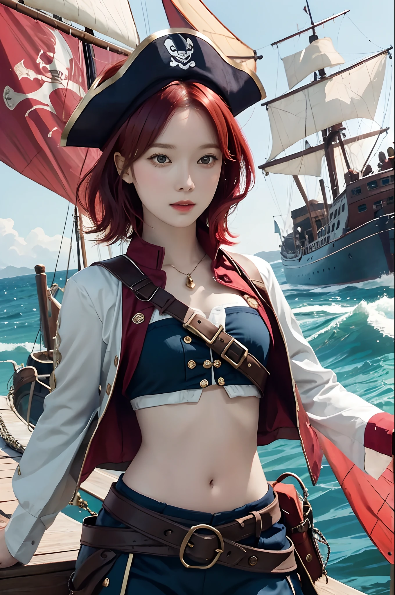 Portrait of Emily Udd, Nami, girls, Redhead, short red hair, On a pirate ship,