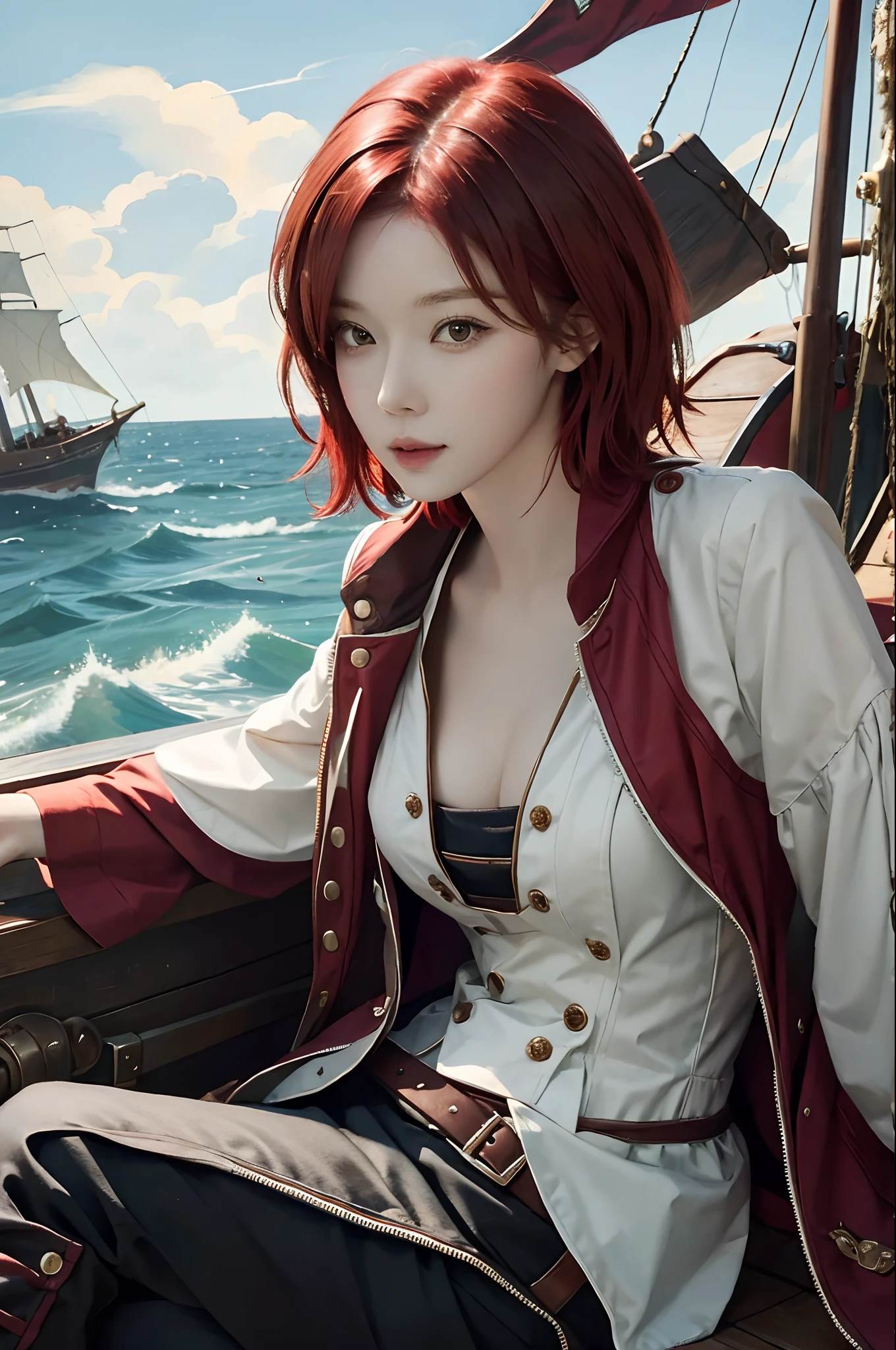Portrait of Emily Udd, Nami, girls, Redhead, short red hair, On a pirate ship,