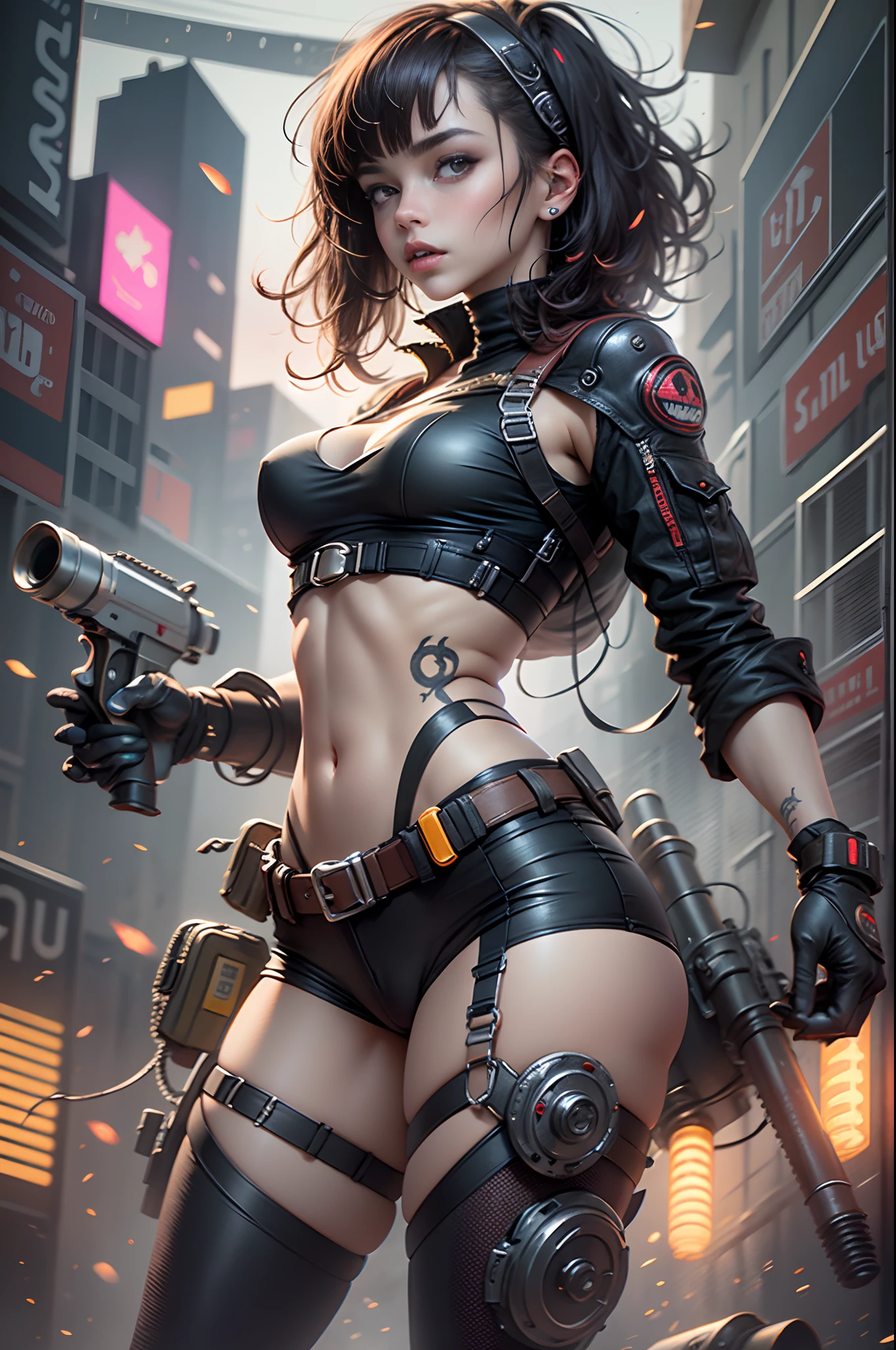 motor irreal:1.4,CG ultra realista 64K, fotorrealista:1.4, textura de la piel:1.4, obra 1girl,gatling gun, shell casing, looking at viewer, bangs, ammunition belt, gloves,breasts,firing, extreme detailed,highest detailed, optical mixing, playful patterns, lively texture, unique visual effect,o cyberpunk color amarillo, pantimedias red