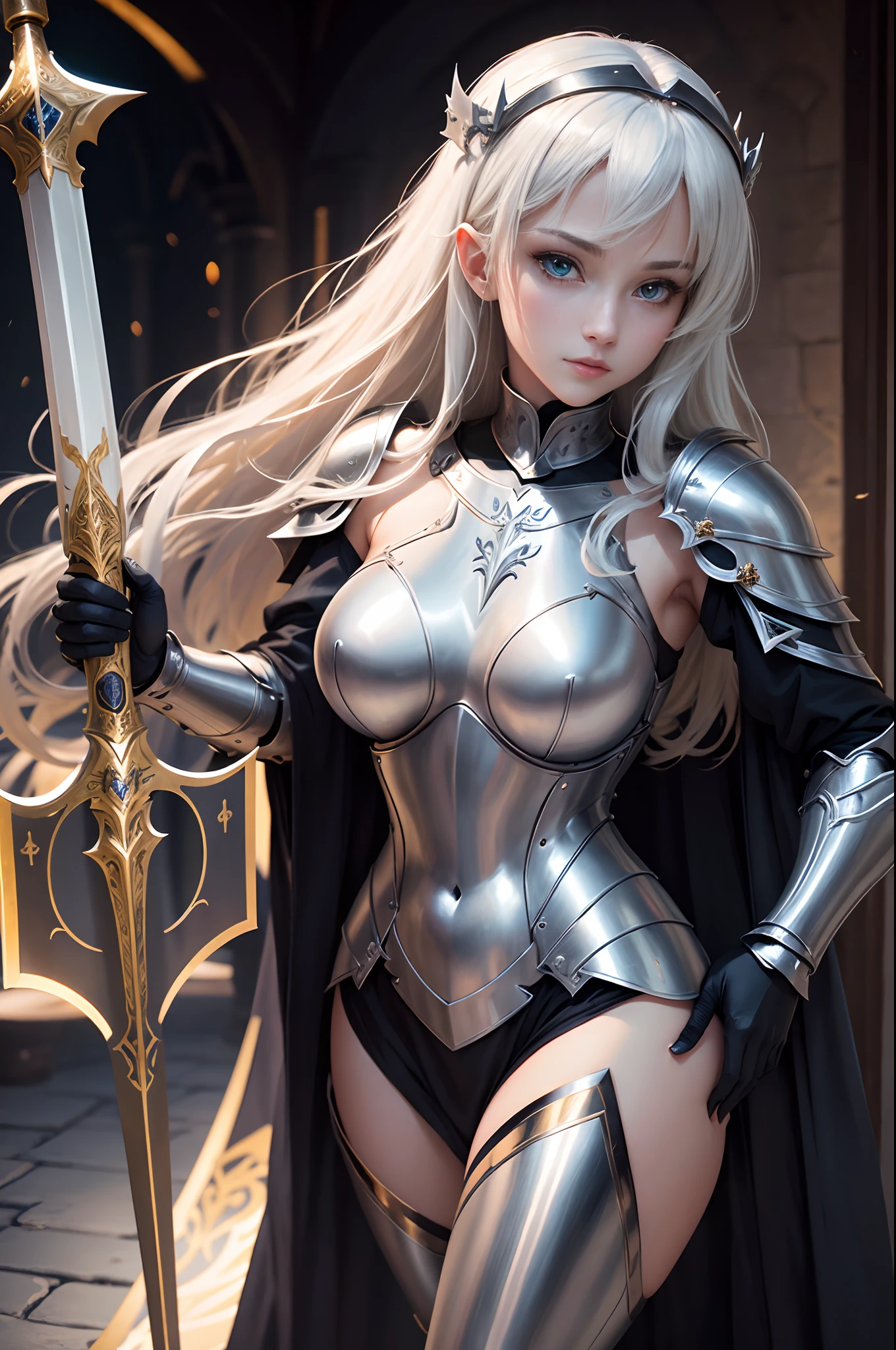 8K,Female Holy Knight in Silver Sacred Armor、Holy Knight with a Big Sword、(Face like the real thing) Blonde Wave Sexy muscular slender body muscular Slender lower body Black pants Silver Leg Armor Dark Fantasy Paladin、Portrait of the Holy Knight、Beautiful female holy knight、Charming Female Holy Knight、Holy Knight with a Sword、Holy Knight Character Beautiful expression 超A high resolution real looking skin A sexy Golden decoration Blue glowing eyes