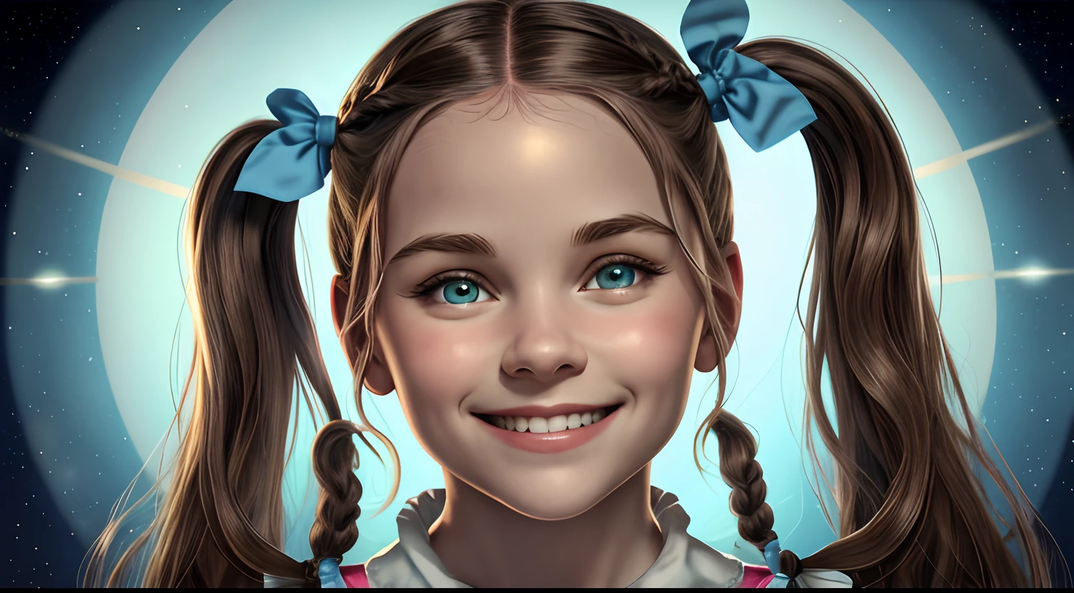 1girl, closeup portrait, laurat as dorothy gale, braided pigtails with light blue ribbons,  wizard of oz background, detailed background, fantasy setting, analog style, looking at viewer, smile,