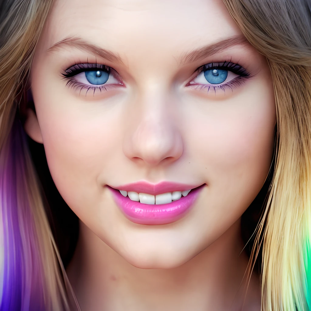 Taylor Swift, smile, bright smile, teeth with vampire fangs, long incisors, has personality, background is gradient, stage lighting, original simulation style, captivating gaze, captivating expression. The background should be neutral and simple, pay close attention to details such as highlights and shadows on his face and hair to create a realistic and realistic image. Try different lighting techniques to enhance the mood and atmosphere of your portrait. Narrow face,Highly Detailed Skin, Skin Detail, Sharp Focus, Volumetric Fog, 8K UHD, SLR, High Quality, Film Grain, Fujifilm XT3, (Best Quality: 1.4), (Masterpiece: 1.4), (Detail: 1.3), (Best Quality: 1.4), (Masterpiece: 1.4), (Detail: 1.3), (Color Gradient Background: 1.5, Close Up: 1.5), (Realism: 1.4), (Best Quality: 1.0), (Super High Resolution: 1.0)