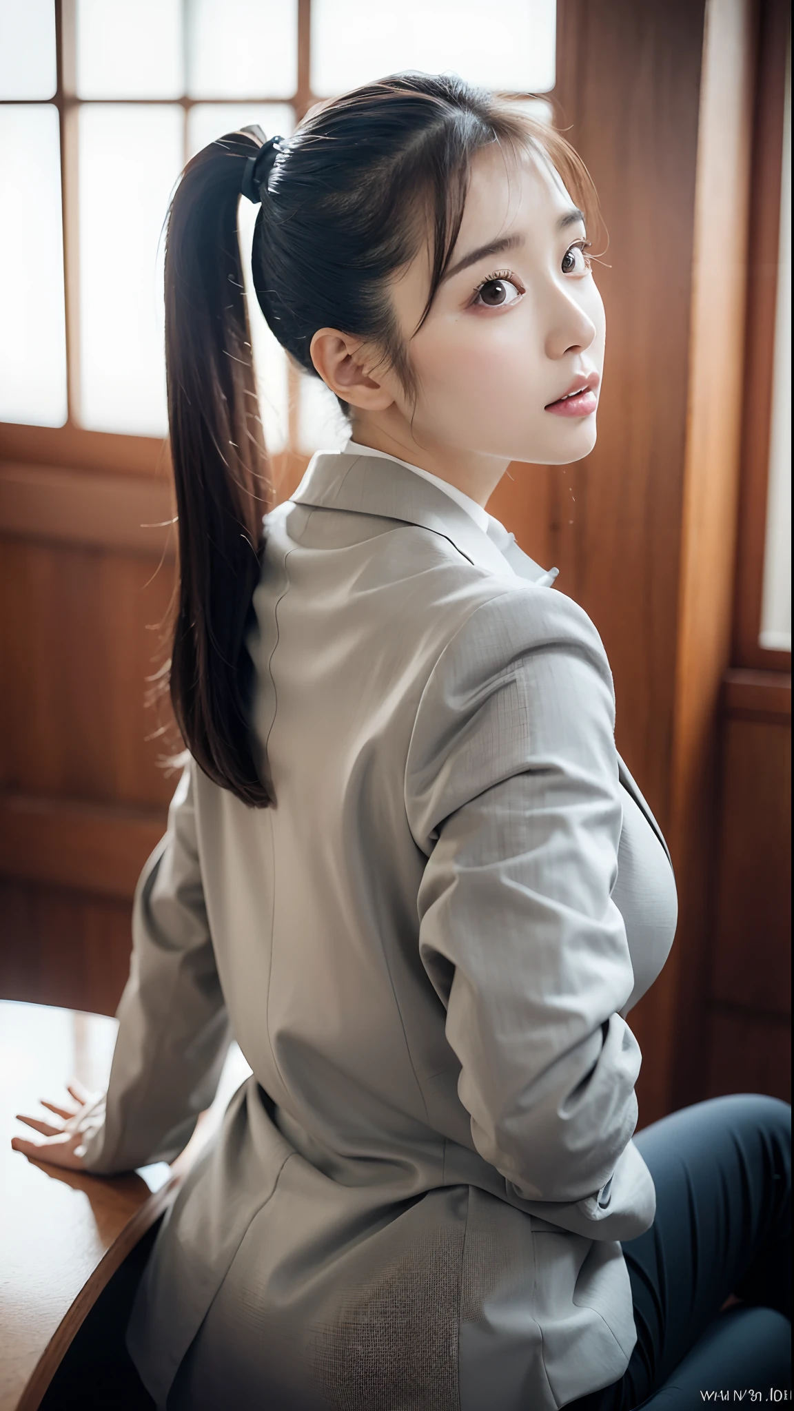 (Best Quality, 8K, 32 k, Masterpiece, UHD:1.2), from back, 1Girl,19-year-old, Beautiy Japan Office Lady, (Looking at the viewer), A little fat, Grey suit, Grey miniskirt, Open Jacket, Office room, a desk, (Huge breasts, butt:1.2), detailed beautiful face, ponytail hair, From below, one leg raised