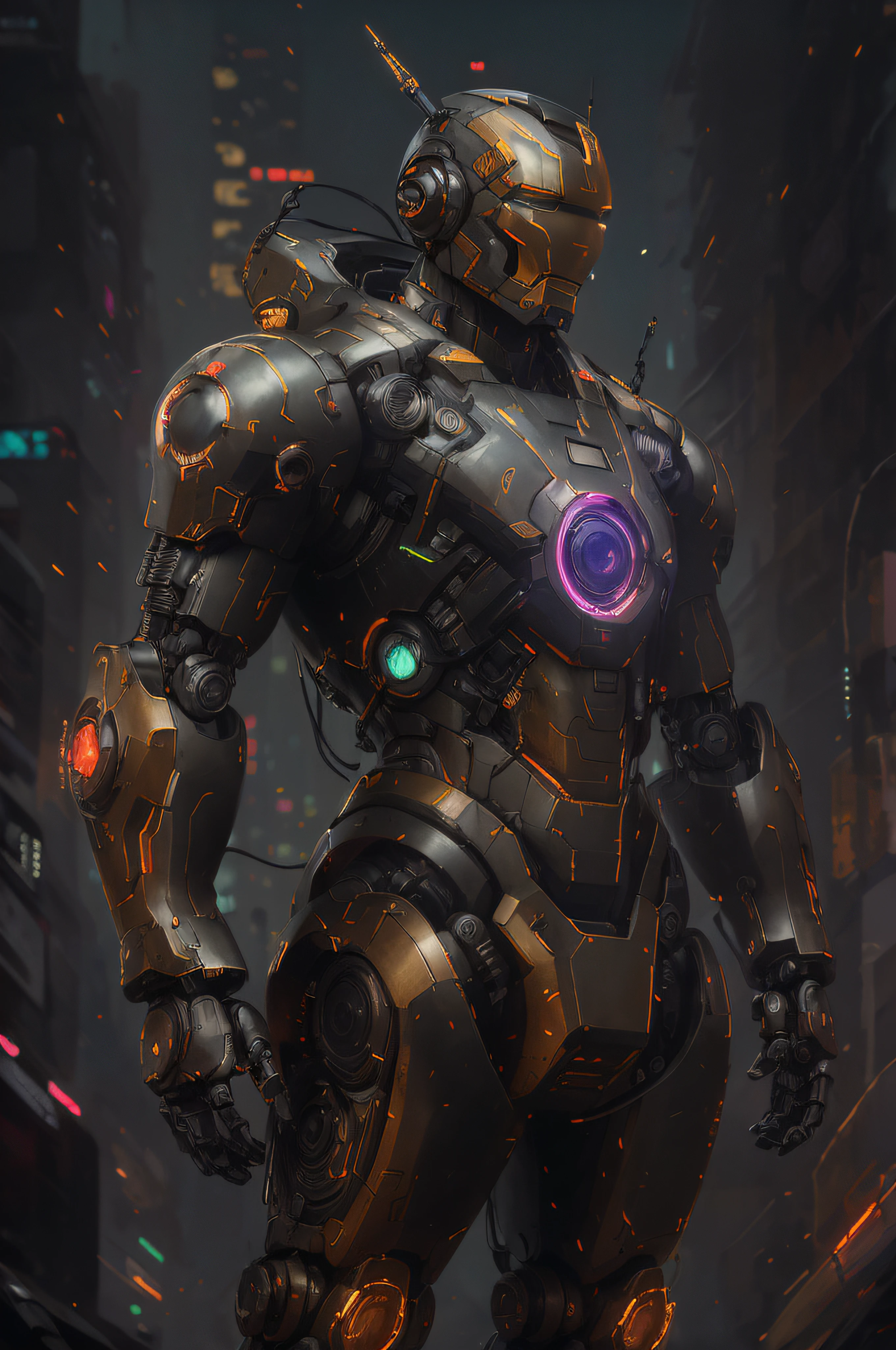 there is a robot that is standing in the street, deep cyberpunk mechanoid, cyberpunk iron man, painterly humanoid mecha, cyberpunk mechanoid, wojtek fus, advanced digital cyberpunk art, beautiful robot character design, 4k highly detailed digital art, wlop. scifi, bionic scifi alexandre ferra, high quality digital concept art, cyberpunk robot