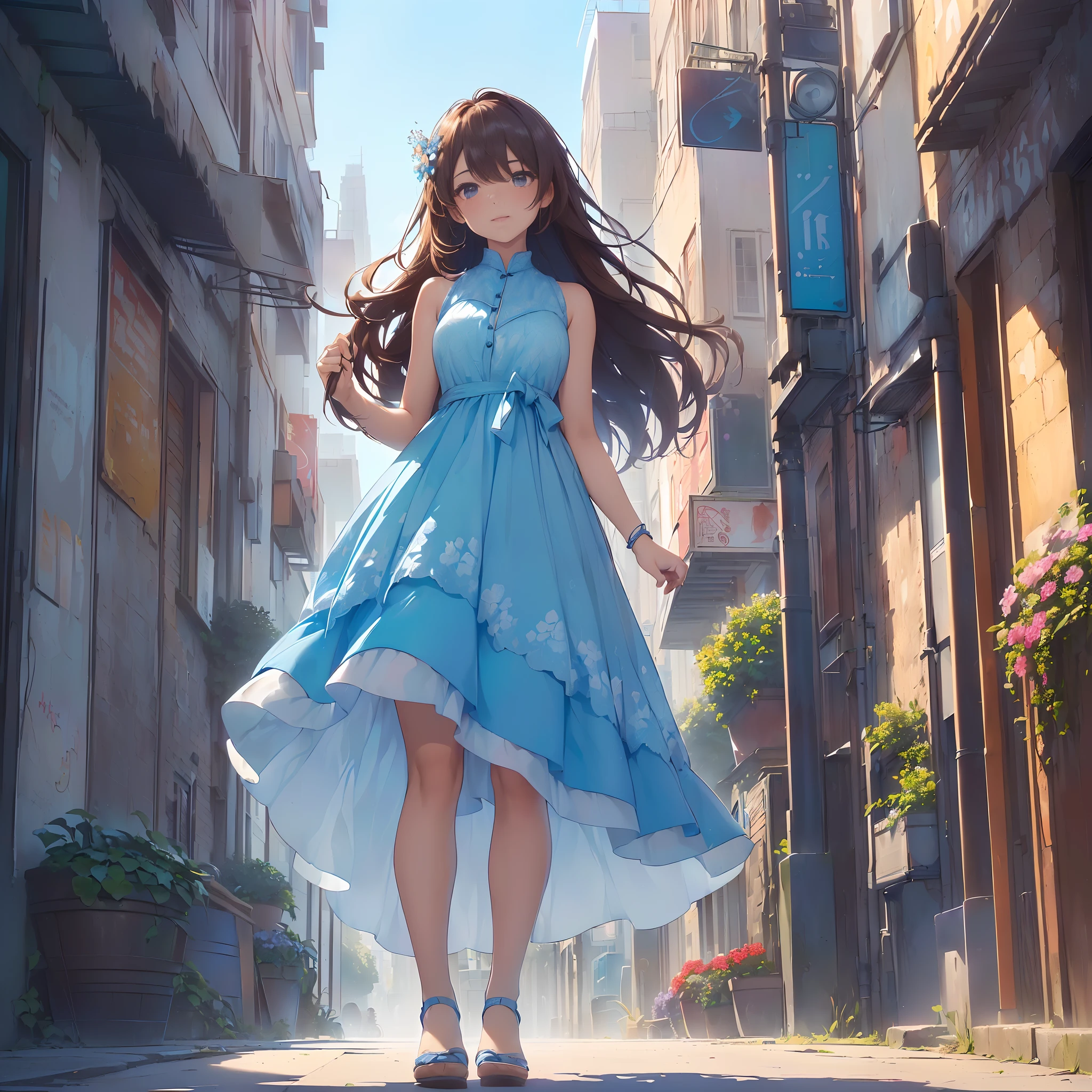 (In the morning, the sky is dyed in bright blue, with flowers in full bloom (flora:1.0). A beautiful girl standing ,Her dress is sleeveless, allowing her sun-kissed shoulders to be on display. The gentle breeze teases loose strands of her chestnut hair, causing them to sway with every step she takes. Her choice of dress reflects a unique blend of sophistication and charm, making her the undeniable focal point of the urban panorama,.. BREAK Vibrant Color brings out the positive emotions in the scene by enhancing the colors (effect: Vibrant Color).:1.4)