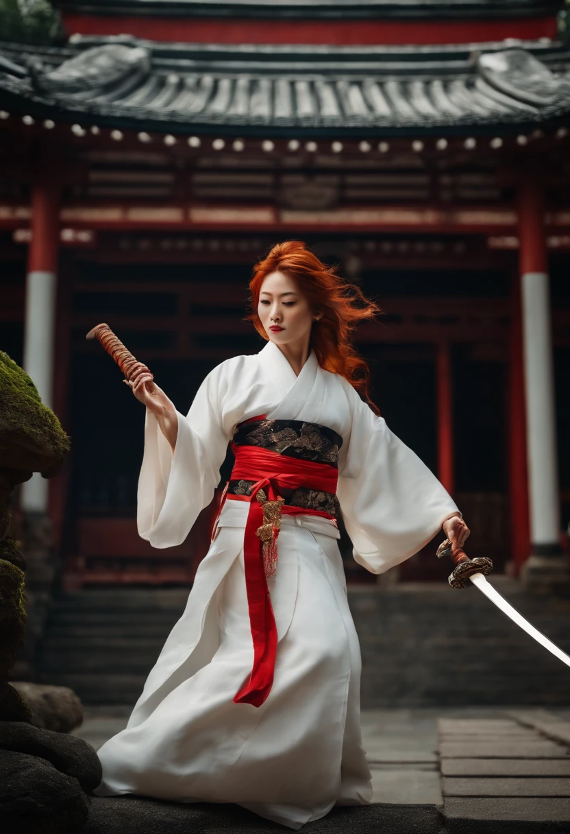Temple of the burning Japan、natta、A woman in a white kimono with red hair in the middle and holding a sword Japan
