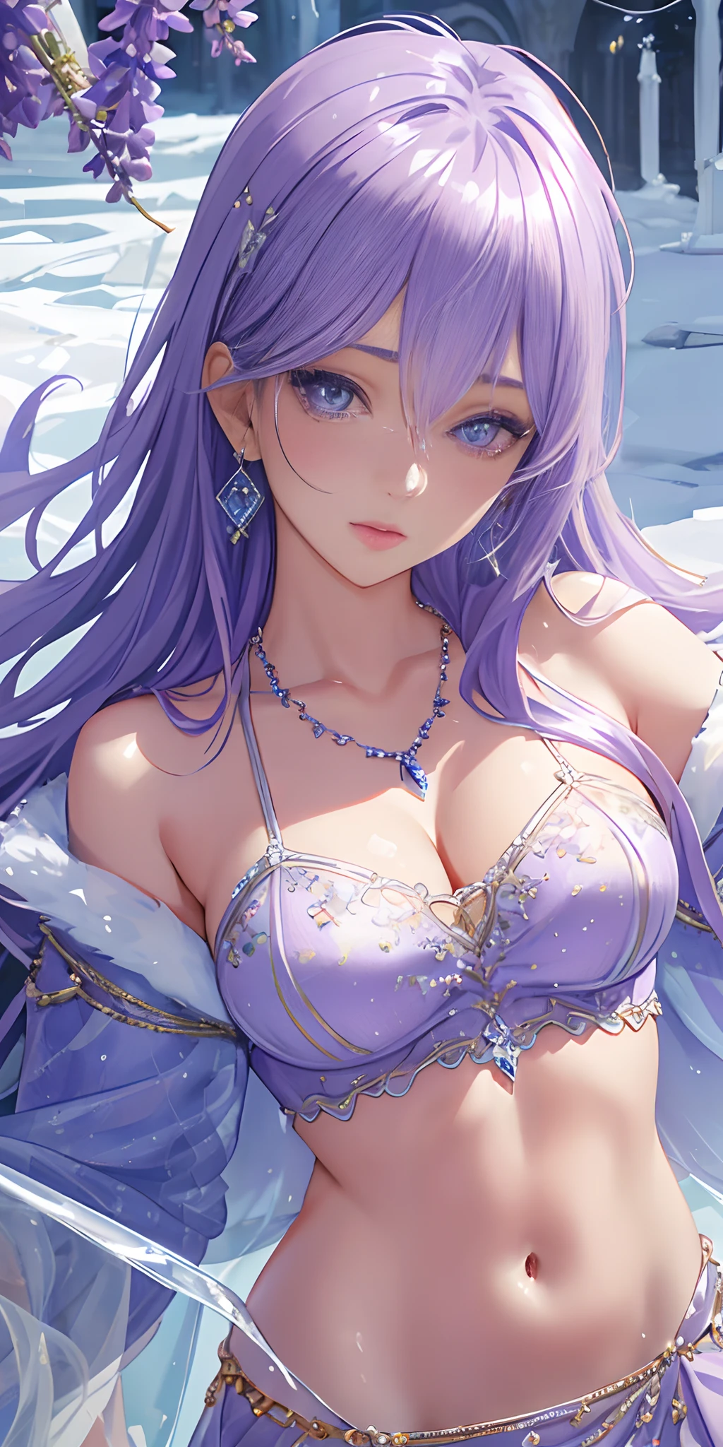 lavender violet color, ice land as background, fashion model posing, (photorealistic:1.4), (masterpiece, front lighting, finely detailed beautiful eyes: 1.2), masterpiece*portrait, realistic, 3d face, glowing eyes, shiny hair, lustrous skin, solo, embarrassed, (midriff), absolute_cleavage, necklace, sapphire_earrings