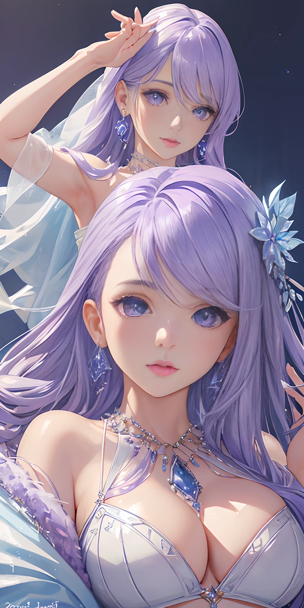 lavender violet color, ice land as background, fashion model posing, (photorealistic:1.4), (masterpiece, front lighting, finely detailed beautiful eyes: 1.2), masterpiece*portrait, realistic, 3d face, glowing eyes, shiny hair, lustrous skin, solo, embarrassed, (midriff), absolute_cleavage, necklace, sapphire_earrings