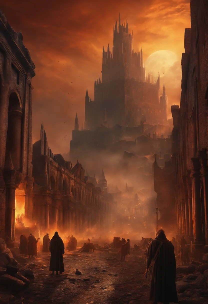 an illustration of apocalyptic medieval city. huge meteor impact people crying