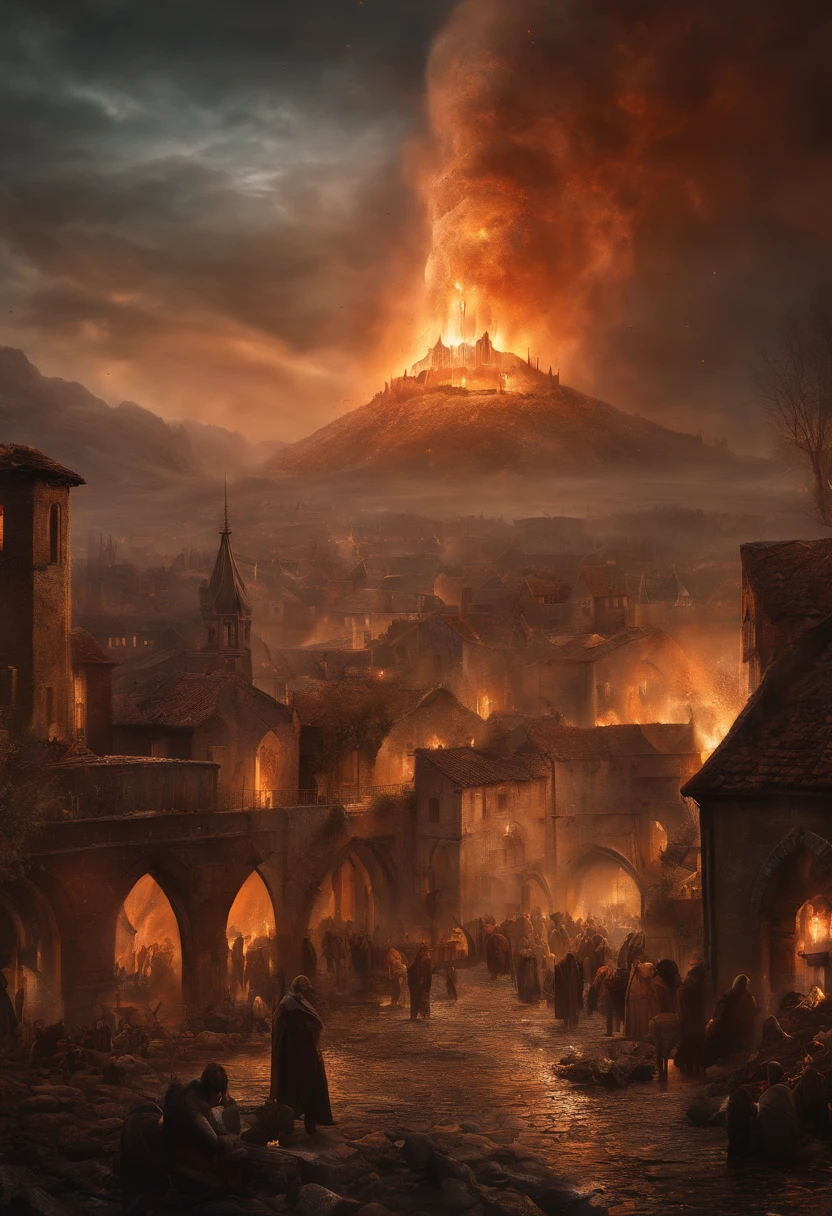 an illustration of apocalyptic medieval city. huge meteor impact people crying