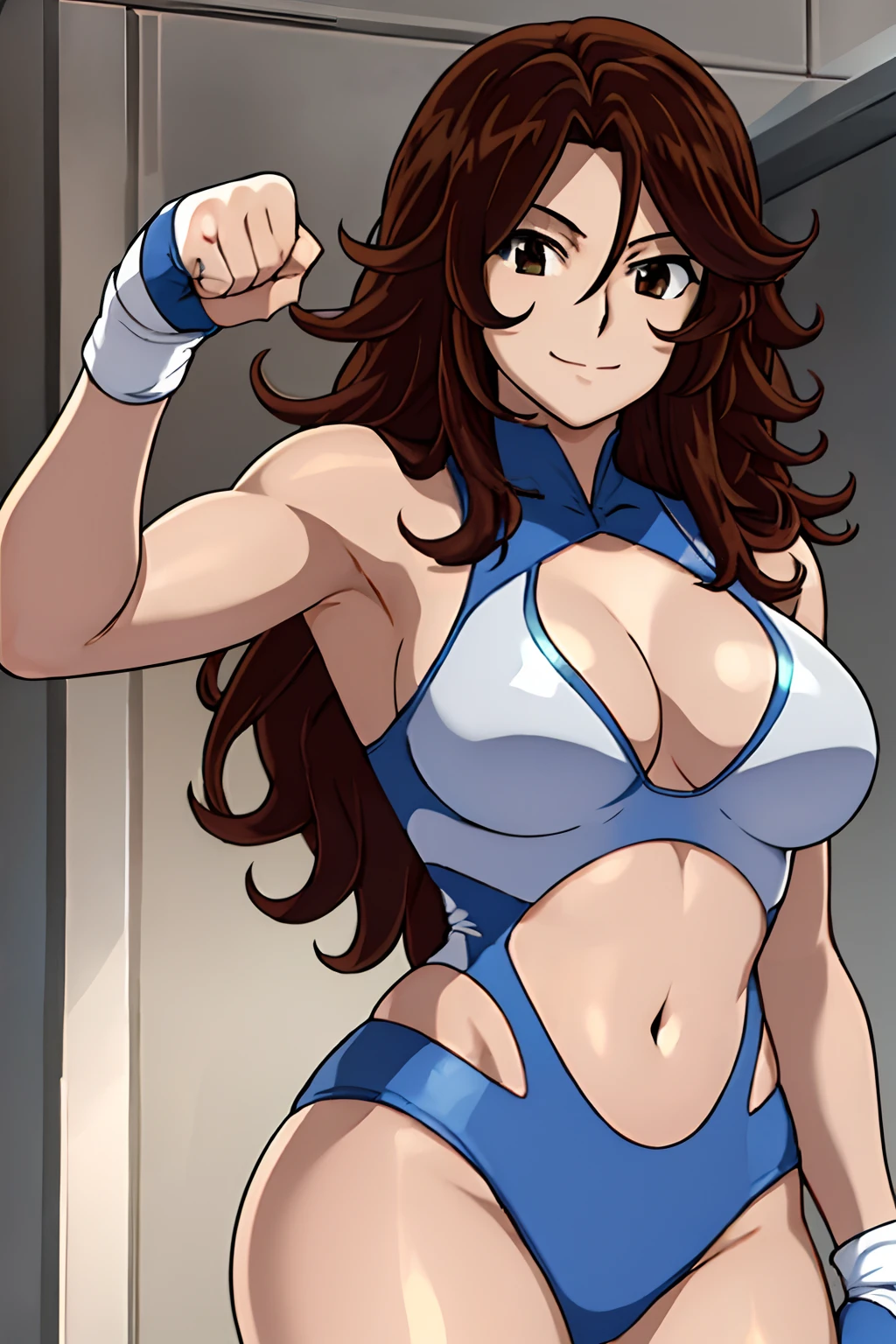 cowboy shot, detailed face, upper body view, detailed body, 4k, Sumergai Lee Noriega, best quality, anime style, hires, highest definition, digital blending, bold drawing lines, ((), (slender body), mature woman, (female wrestler, white wrestling gear), cheerful, gorgeous, smile, (closed mouth), (pale skin, shiny skin, lighting and shadow), (cleavage), (clean face), (warming up), closed fists, (brown hair, curly hair, long hair), 27 years old,