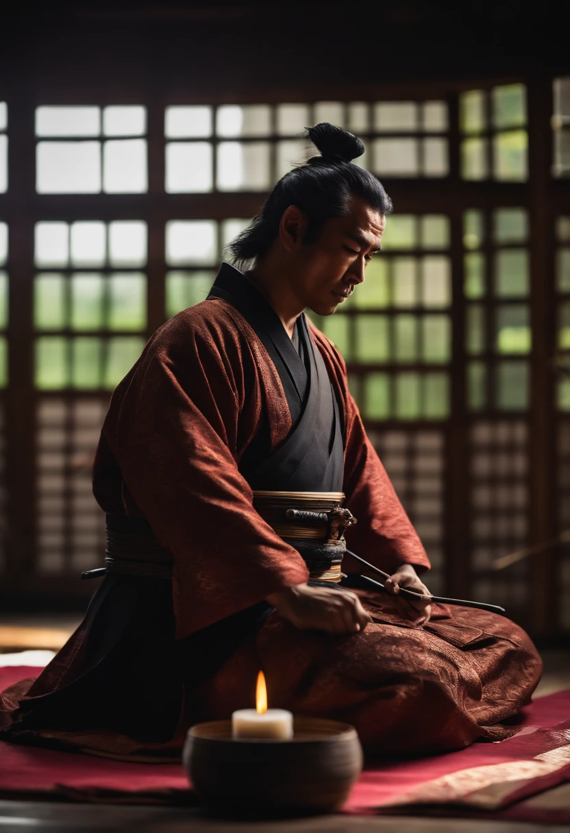 SAMURAI REALISTA MEDITANDO DE JOELHOS  (obra-prima) (8k high resolution) (melhor qualidade) (Ultra Definition) (Ultra realista)(Foto RAW) (Foto realista) (bright illumination)