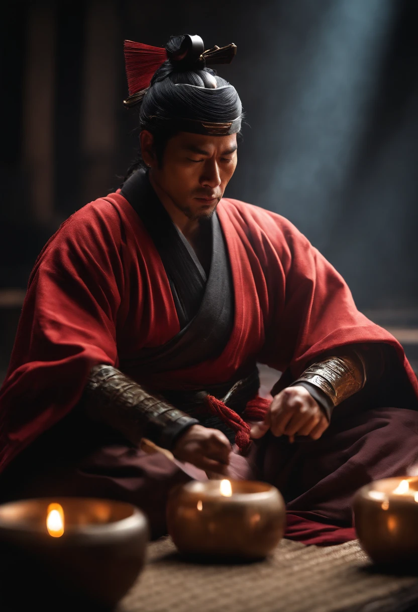 SAMURAI REALISTA MEDITANDO DE JOELHOS (obra-prima) (8k high resolution) (melhor qualidade) (Ultra Definition) (Ultra realista)(Foto RAW) (Foto realista) (bright illumination)