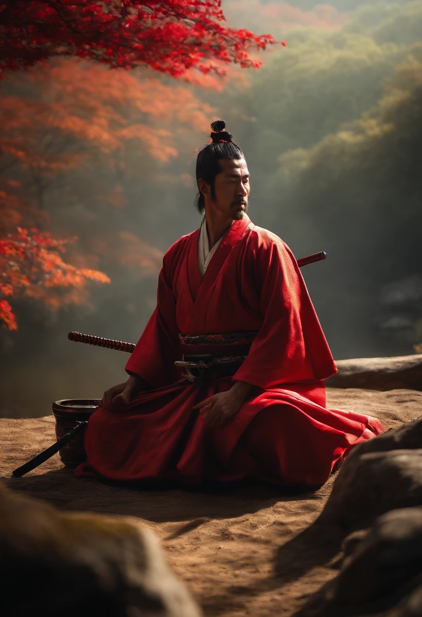 SAMURAI REALISTA MEDITANDO DE JOELHOS (obra-prima) (8k high resolution) (melhor qualidade) (Ultra Definition) (Ultra realista)(Foto RAW) (Foto realista) (bright illumination)