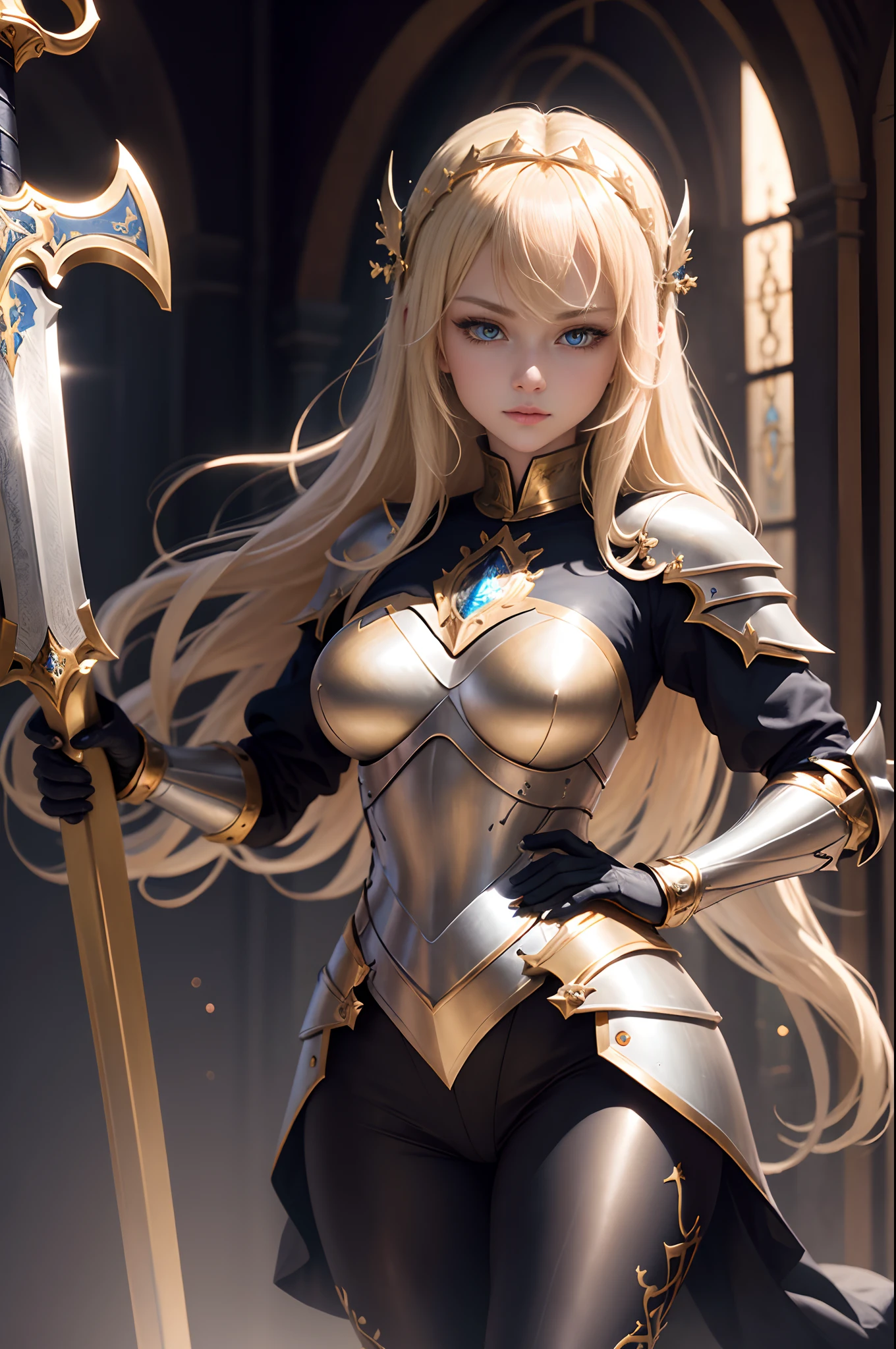8K,Blonde sexy holy knight in holy armor、Holy Knight with a Big Sword、(Face like the real thing) Blonde Wave Sexy muscular slender body muscular Slender lower body Black pants Silver Leg Armor Dark Fantasy Paladin、Portrait of the Holy Knight、Beautiful female holy knight、Charming Female Holy Knight、Holy Knight with a Sword、Holy Knight Character Beautiful expression 超A high resolution real looking skin A sexy Golden decoration Blue glowing eyes