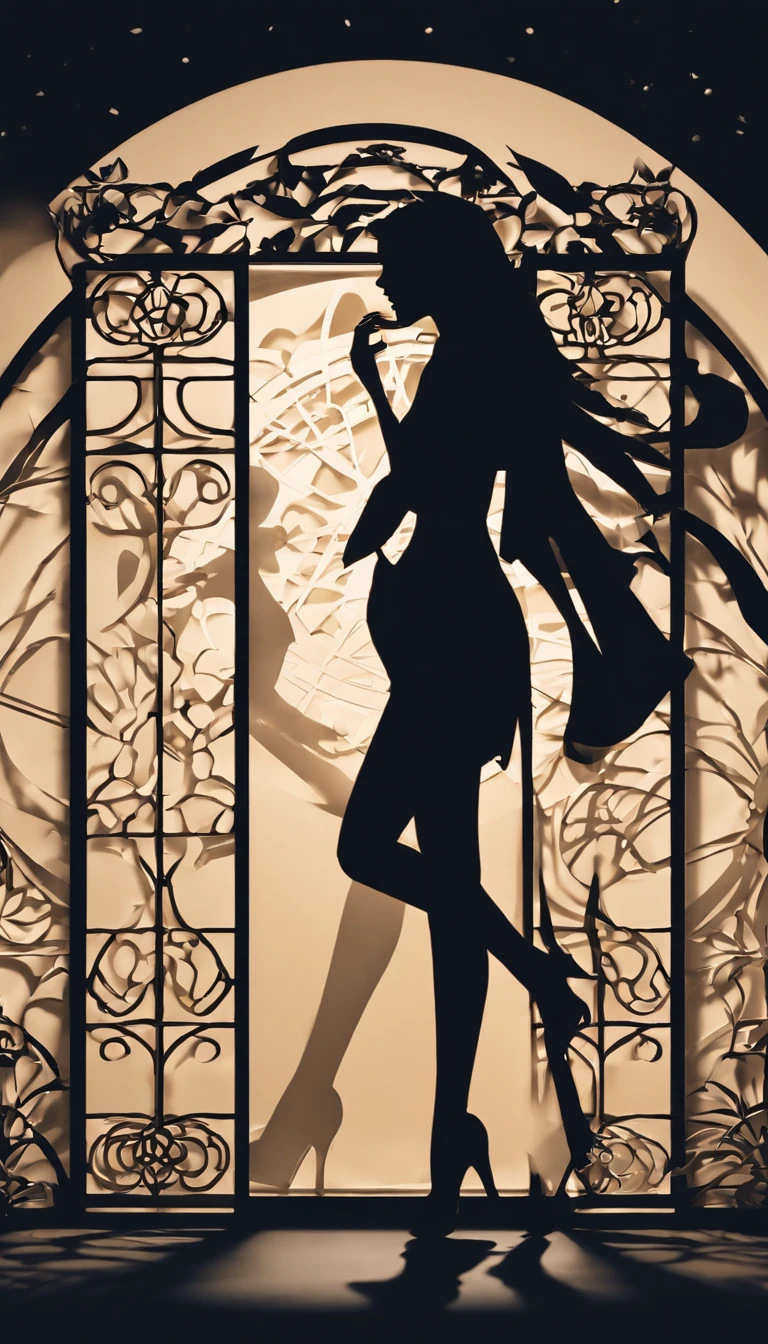 (Silhouette art,best quality,top quality,masterpiece,4k,)(fashion models),
(((arte em papel cortado,A world where only black exists:1.2)，
(style of 90s anime portraition),1lady,Solo,slim body,perfect female shape,epic quality,graceful dancing,elegant posture,
(profile:1.2),ray tracing,movie level lighting，Cinematic storyboard，high heels,Moonlight,The moon behind,beautiful thighs,thin thighs,Delicate legs,beautiful legs,sexy legs,long legs)),Slender,((dynamic posture)),from side,
sunder
(Dark moon)
Textured glass background,staying in a completely dark World,