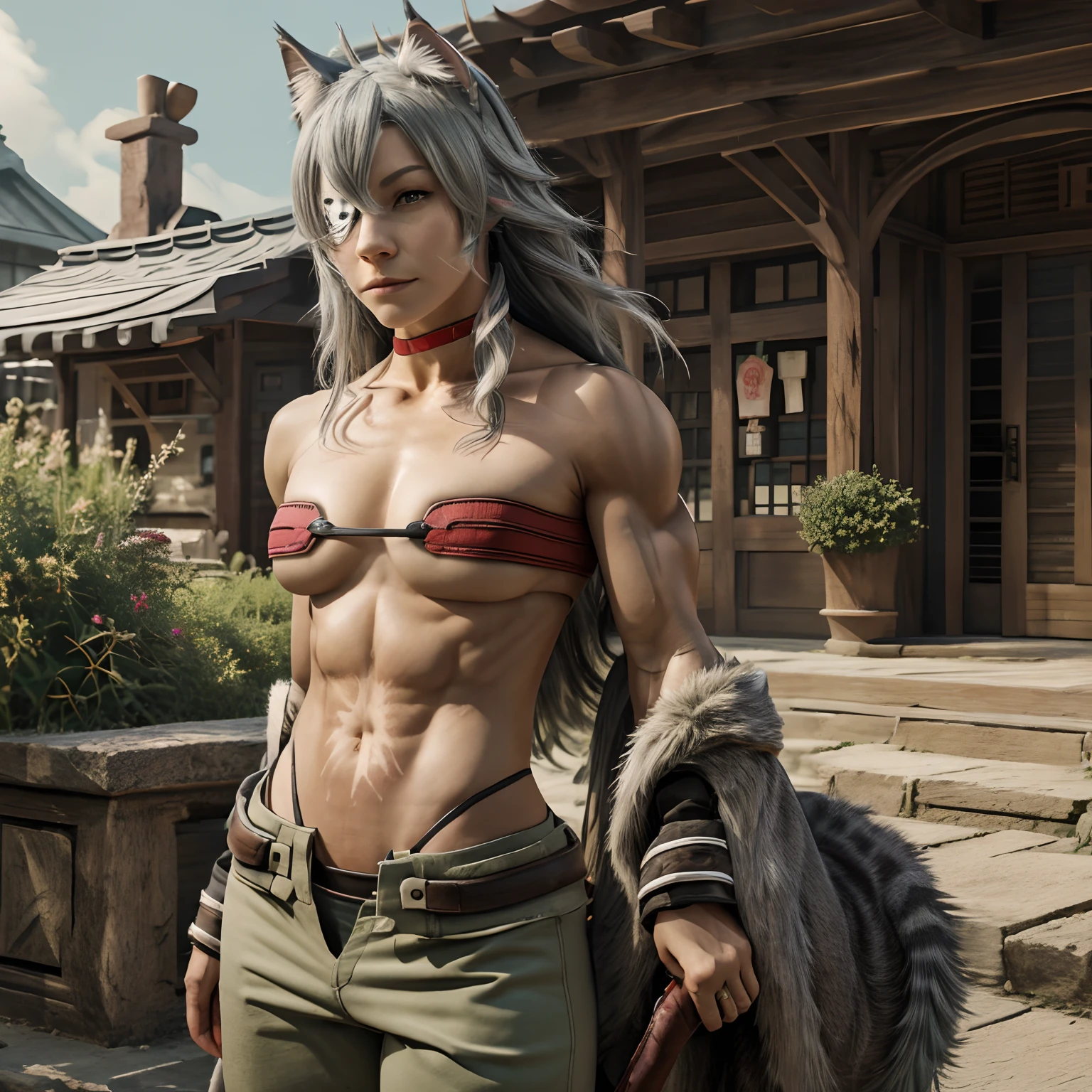 1girl, highres, sharp focus, pixiv masterpiece, ((intricate details)), highly detailed, one-eyed, grey hair, cat ears, red bandeau, muscular, green pants, face of EvangelineLilly,