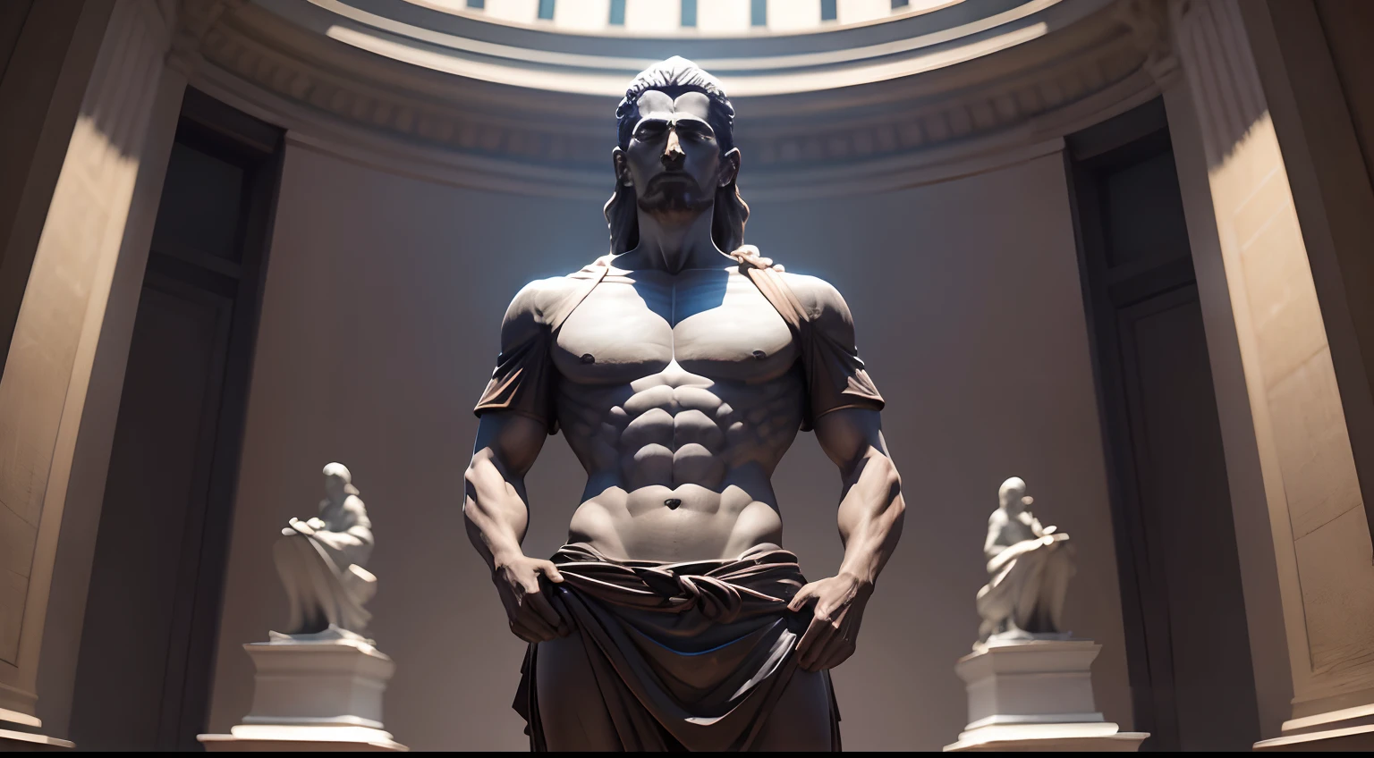 Stoic statue, with an expression of anger, usando manto e tunica longo sobre todo o corpo, Noite escura, ao ceu aberto, 35 mm, lateralmente, Filmado em Sony A7S III com Sony FE 35mm f/1.8, 12.1 MP, --AR 3:2 --estilo cru