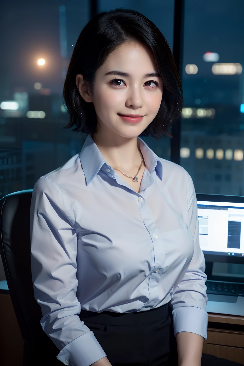(8k, best quality, masterpiece:1.2), (realistic, photo-realistic:1.37), ultra-detailed, 1 girl,cute, solo,beautiful detailed sky,detailed office,night,sitting,(nose blush),(smile:1.15),(closed mouth) , medium breasts,beautiful detailed eyes,(collared shirt:1.1), night, wet,business attire, rain, (short hair:1.2), pureerosface_v1, computer, detail finger, beautiful detailed face,