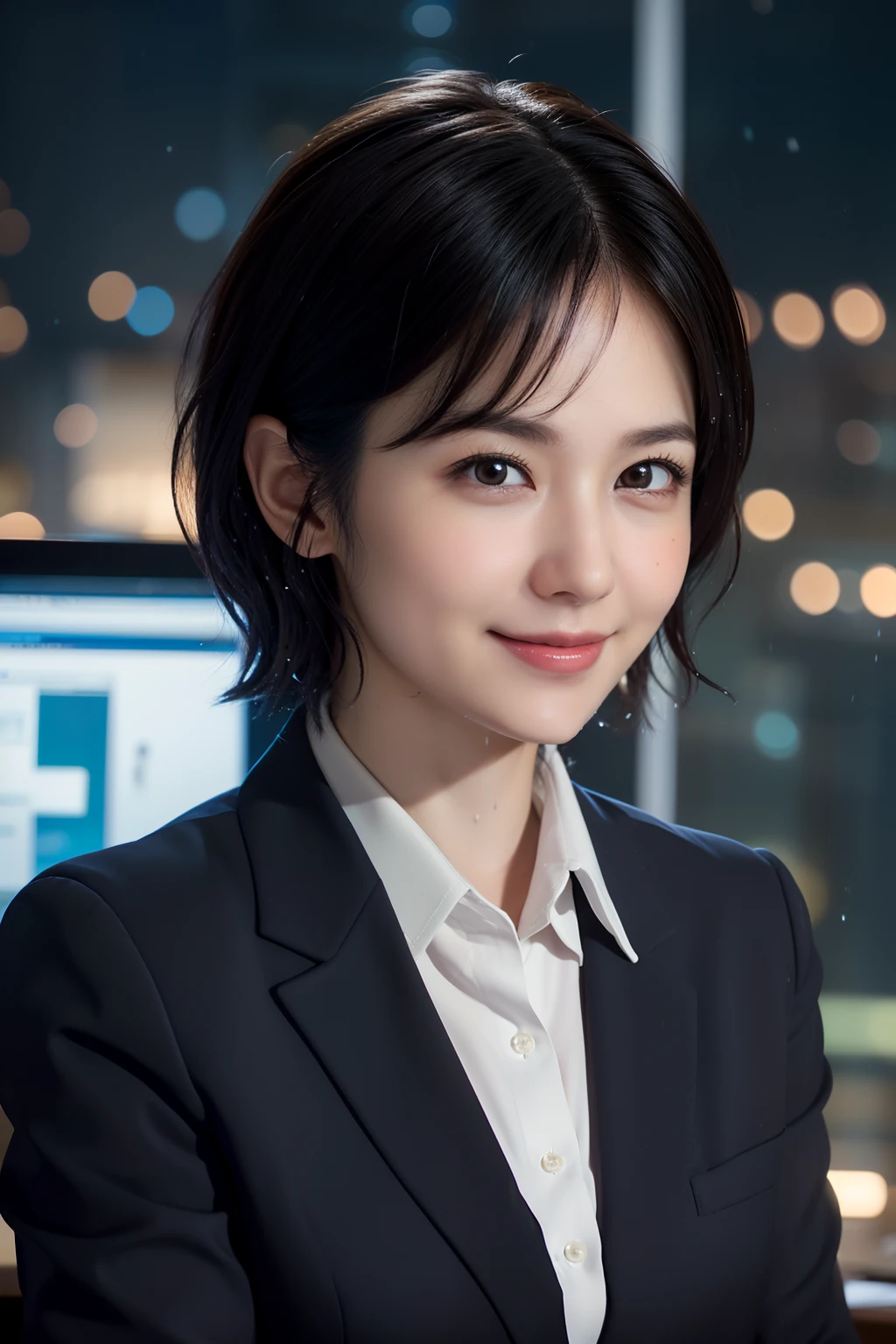 (8k, best quality, masterpiece:1.2), (realistic, photo-realistic:1.37), ultra-detailed, 1 girl,cute, solo,beautiful detailed sky,detailed office,night,sitting,(nose blush),(smile:1.15),(closed mouth) , medium breasts,beautiful detailed eyes,(collared shirt:1.1), night, wet,business attire, rain, (short hair:1.2), pureerosface_v1, computer, detail finger, beautiful detailed face,