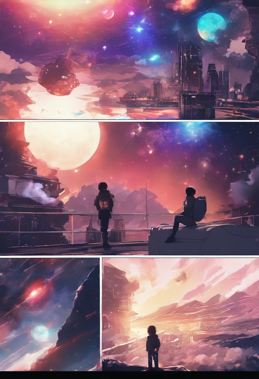 (((Comic storyboard))),comic strip,Two-dimensional picture,Manhwa Style,Makoto Shinkai animation style,Makoto Shinkai animation film art style,Ultra-wide angle of view,China-style,a town with beautiful scenery,Faraway view,Vivid and bright colors,super-fine,ultra - detailed,high qulity,8K ,oc rendered,dynamic viewing angle,Hyper Real,Ultra photo realsisim