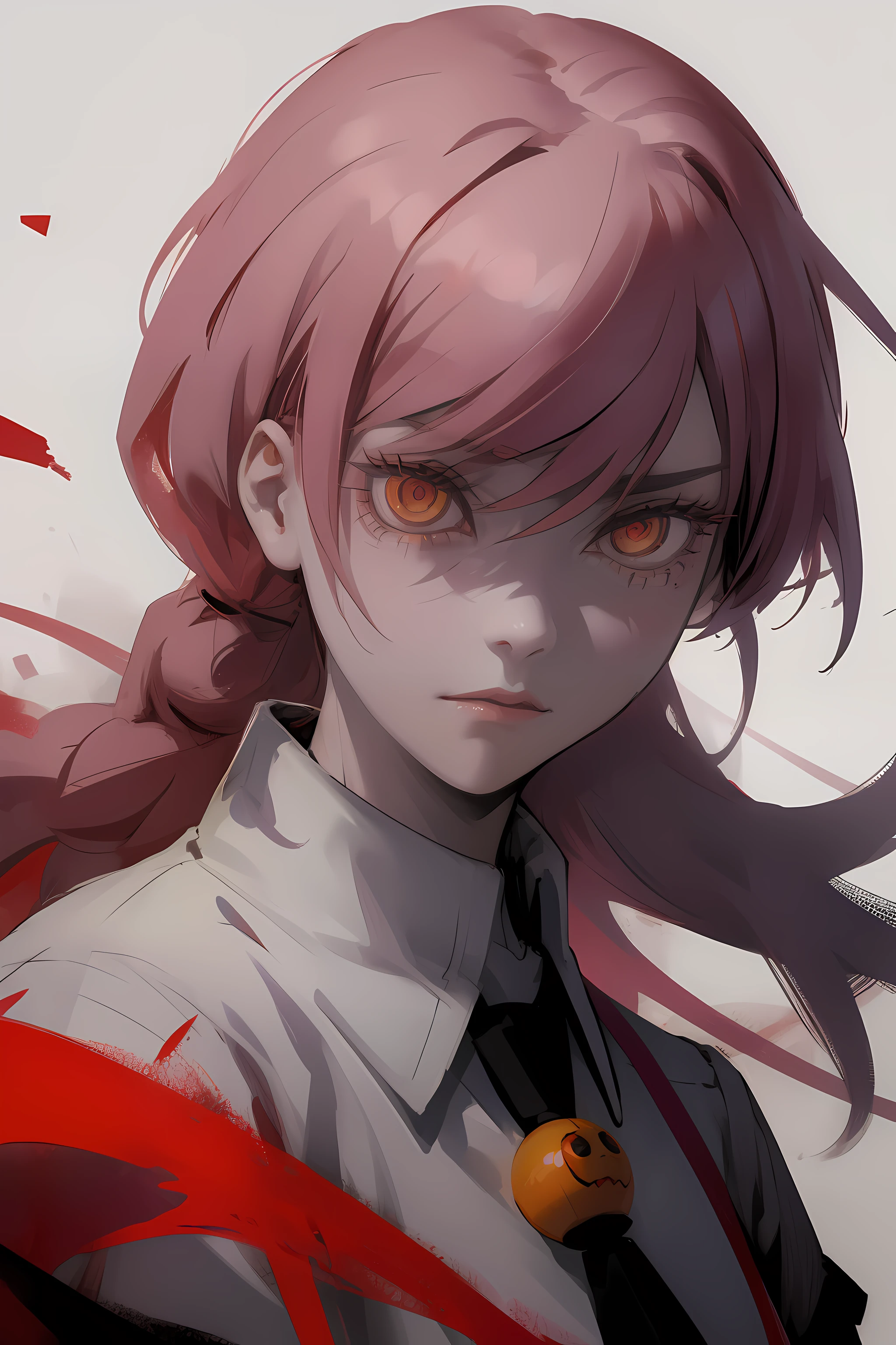Chica de anime con cabello largo y ojos naranjas con una camisa blanca, Arte digital de Danganronpa, con ojos rojos brillantes, Akane Owari Danganronpa, con ojos rojos brillantes, Retrato Gapmoe Yandere Grimdark, Gapmoe Yandere Grimdark, ojos rojos brillantes, Chica de anime demonio, Ojos rojos brillantes, con ojos brillantes