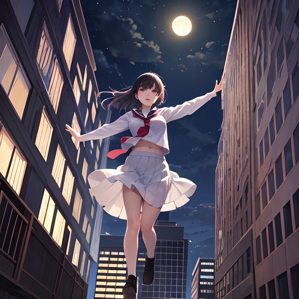 Best Quality, 超A high resolution, in the nightpool,From below,low angle shot,Moonlight,1girl in,High school students,15 years old,Medium bob,slender,Large breasts,Natural makeup, natta, Above a high-rise building, jump, a sailor suit