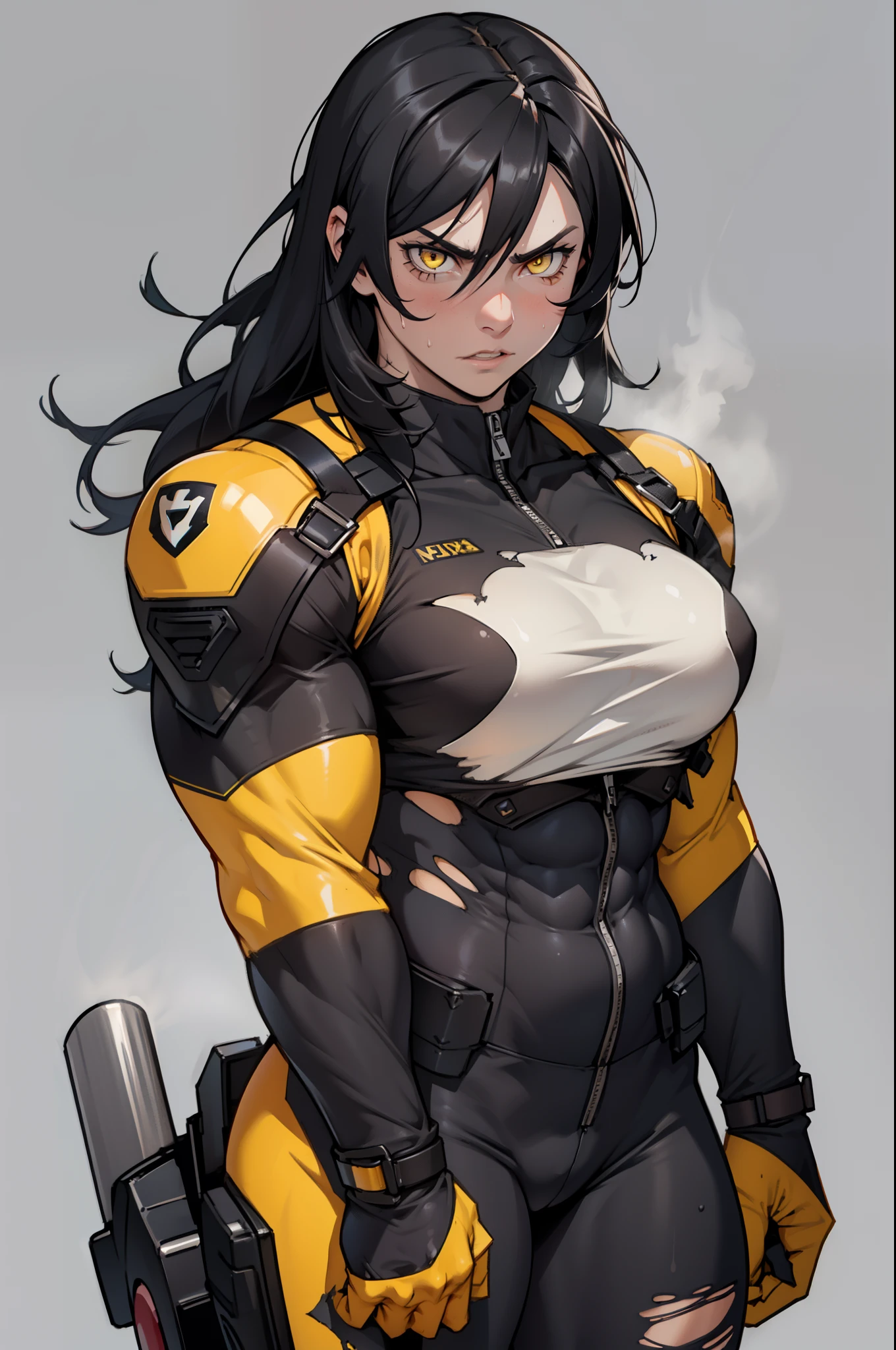 muscular girl huge breasts yellow eyes black hair pale skin frowning