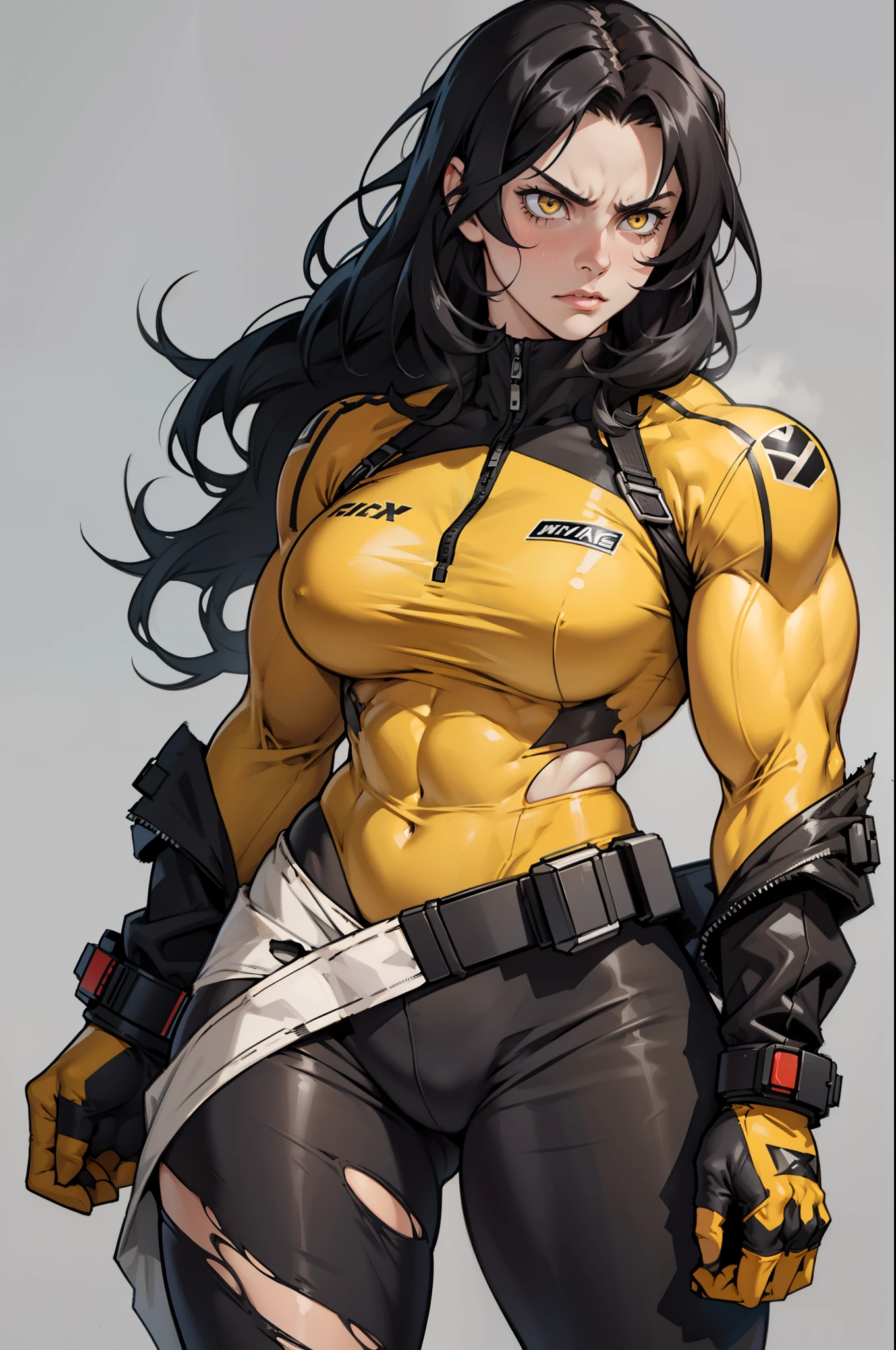 black hair, yellow eyes, solo, sweaty, shiny skin, angry, pale skin, ((((((muscular, 1girl)))))), curvy, thin waist, very long hair, cowboy shot, sweaty, perky breasts, pilot suit, torn clothes ((grey background))