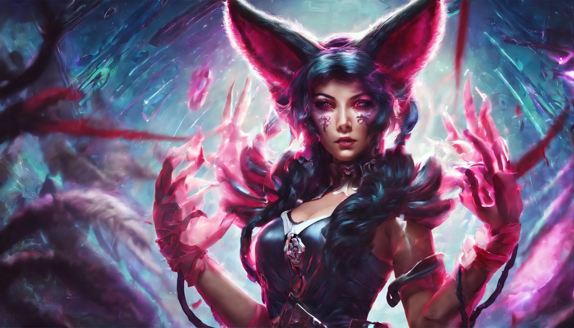 Ahri de League of Legends, foto do corpo todo, perfect hands, cabelos pretos e longos, nine fox tails on the tailbone, orelhas de raposa pretas, roupa de samurai vermelha, papel de parede, fundo em Iona, rosto sexy oriental, cabelos pretos escuros, imagem horizontal, celular