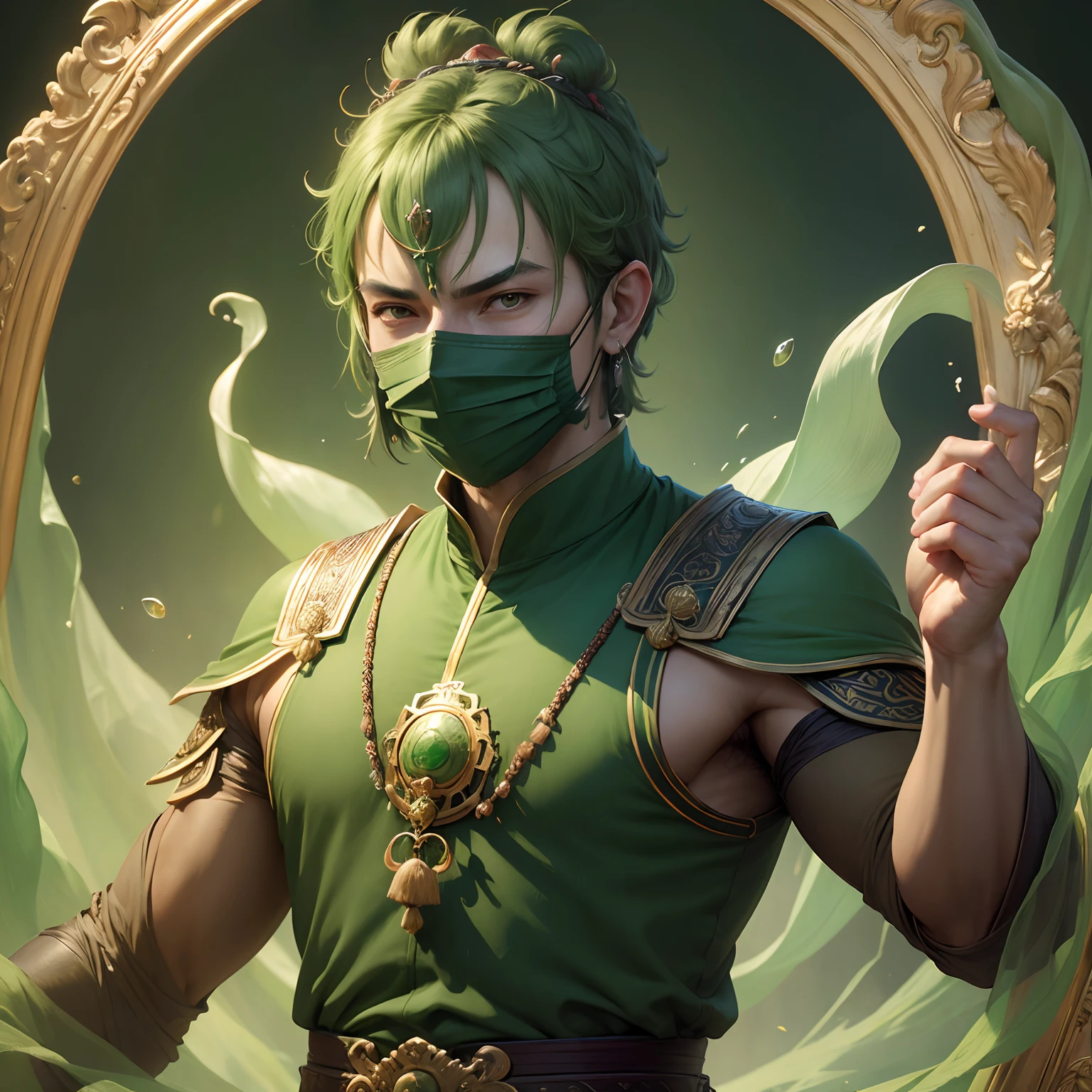 "(best quality,ultra-high resolution, masterpiece:1.2),realistic,portraits,  monk of a Jade palace, detailed green clothing, terracotta mouth mask,short hair,green aura,he is strong"