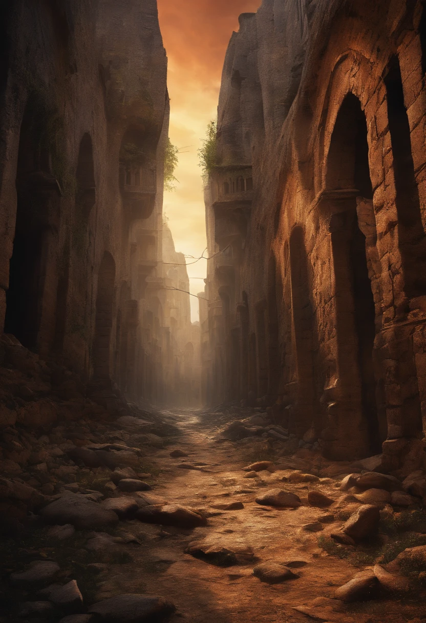 A horizontal illustration,From an open crack in the ground in an apocalyptic medieval city