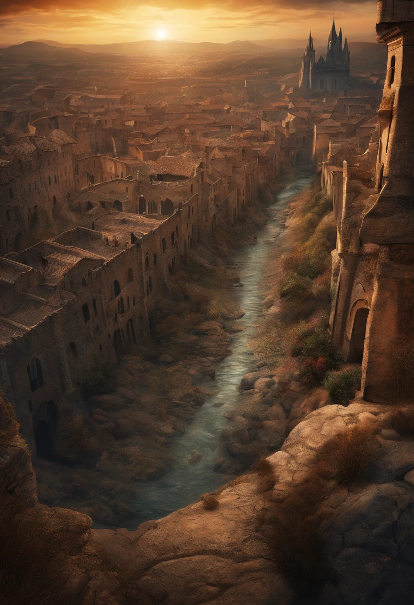 A horizontal illustration,From an open crack in the ground in an apocalyptic medieval city