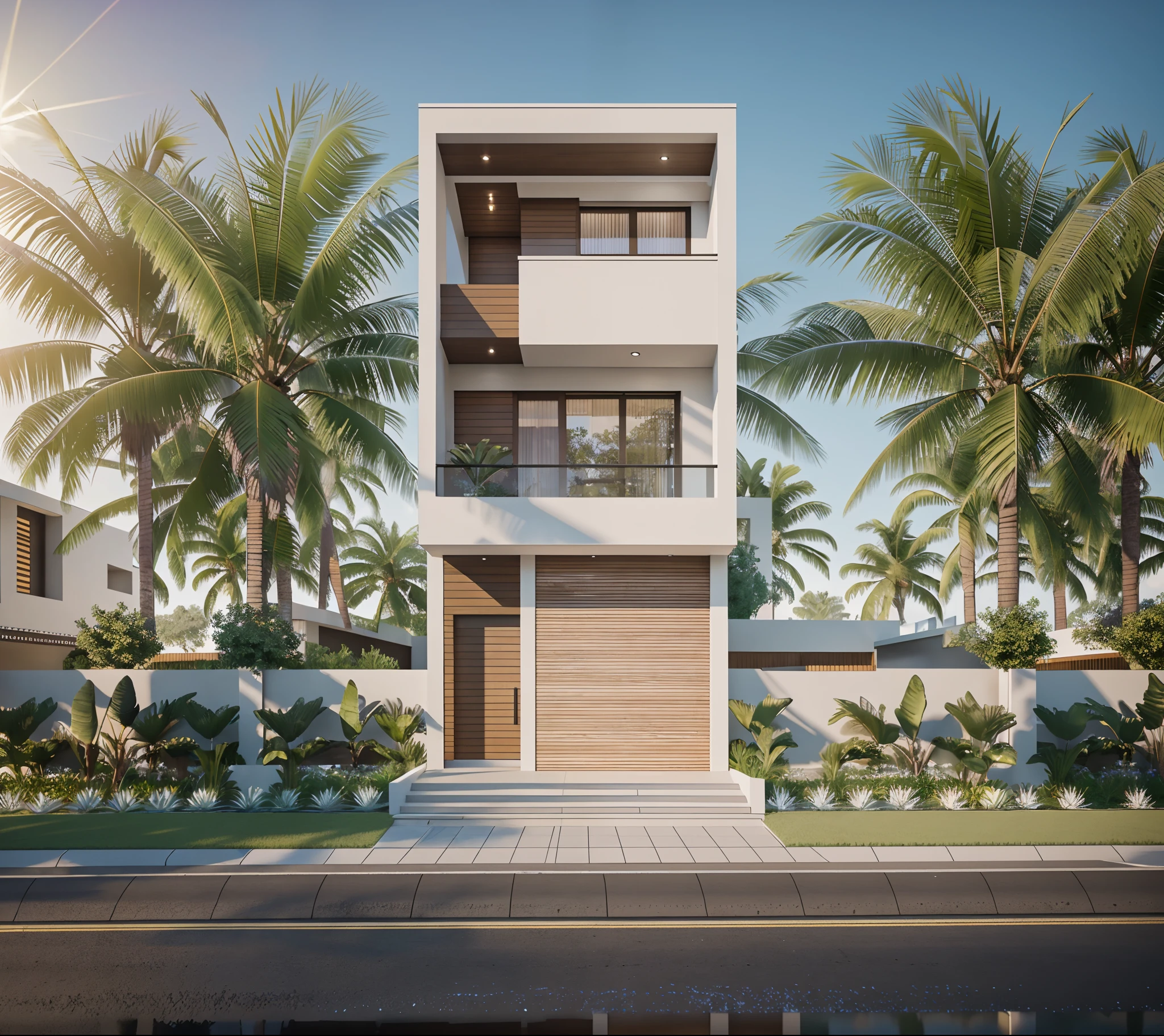 a render vray of a tall townhouse, (roof slat wooden detail:1.1), (white wall:1.2), modern exterior, with a plant on the top of it, frontview, elevation view, front-view, front elevation view, mid-view, modern lush condo as shopfront, front perspective, complete house, front view, overall architectural design, street elevation, 3/4 view from below, The ambient lighting highlights the textures and details, creating a stock photo-like atmosphere, best quality, (((Best Quality: 1.1))), ((Super Detail: 1.1))(straight strokedetail:1.3), (Intricate lines:1.1), ((Photorealism:1.1)),(((hyper detail:1.1))), archdaily, award winning design, (dynamic light:1.5), (day light:1), (perfect light:1.5), (shimering light :1.5), refection glass windows, trees, beautiful sky, photorealistic, FKAA, TXAA, RTX, SSAO, Post Processing, Post-Production, CGI, VFX, SFX, Full color,((Unreal Engine 5)), Canon EOS R5 Camera + Lens RF 45MP full-frame CMOS sensor, HDR, Realistic,8k,((Unreal Engine 5)), Cinematic intricate detail, extreme detail, science, hyper-detail, FKAA, super detail, super realistic, crazy detail, intricate detail, nice color grading, reflected light on glass, eye-catching wall lights, unreal engine 5, octane render, cinematic, trending on artstation, High-fidelity, Viwvid, Crisp, Sharp, Bright, Stunning, ((Lifelike)), Natural, ((Eye-catching)), Illuminating, Flawless, High-quality,Sharp edge rendering, medium soft lighting, photographic render, detailed archviz