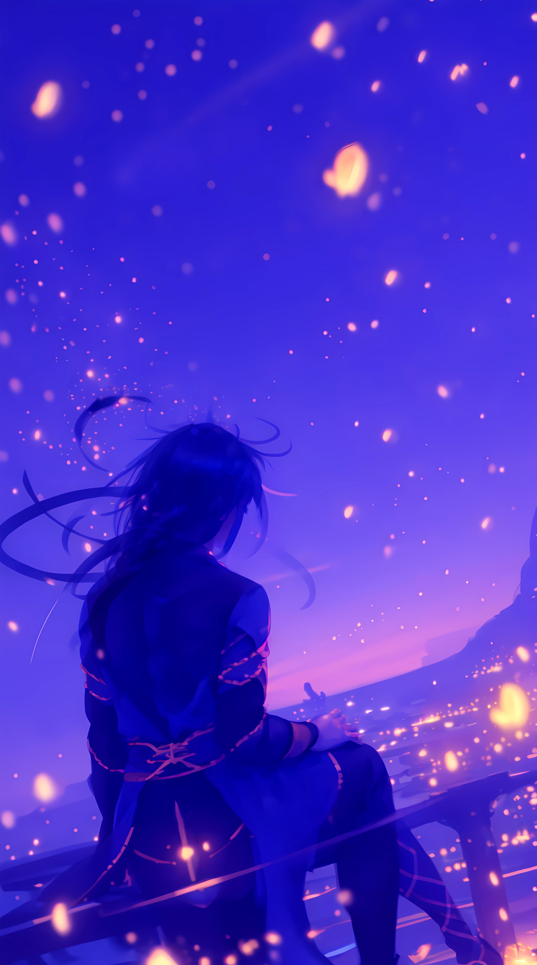 long_hair, facing_away, wind, night, sitting, sky, 1boy, light_particles, weapon, holding, outdoors, fireflies, floating_hair, from_behind, long_sleeves, black_hair, night_sky, sword, 1girl, blue_theme, glowing, sash, scenery