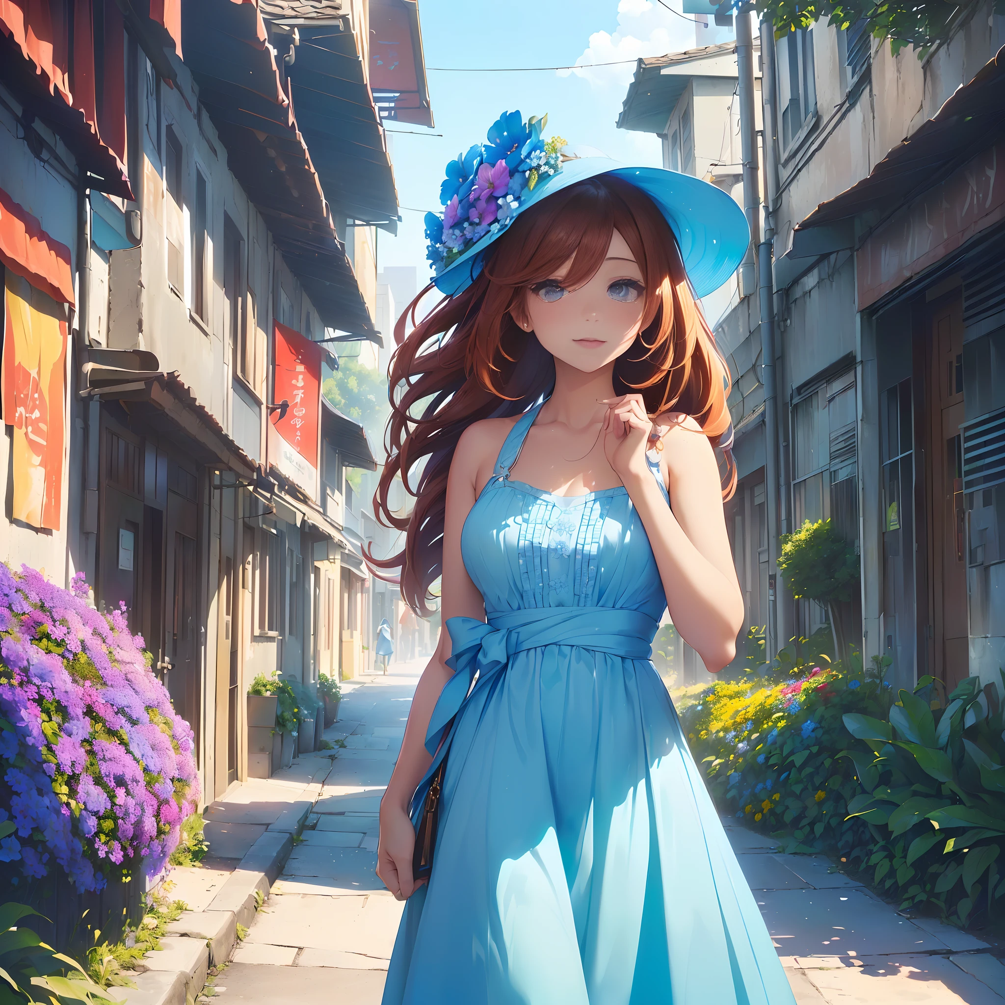 (In the morning, the sky is dyed in bright blue, with flowers in full bloom (flora:1.0). A beautiful girl standing ,Her dress is sleeveless, allowing her sun-kissed shoulders to be on display. The gentle breeze teases loose strands of her chestnut hair, causing them to sway with every step she takes. Her choice of dress reflects a unique blend of sophistication and charm, making her the undeniable focal point of the urban panorama,.. BREAK Vibrant Color brings out the positive emotions in the scene by enhancing the colors (effect: Vibrant Color).:1.4)