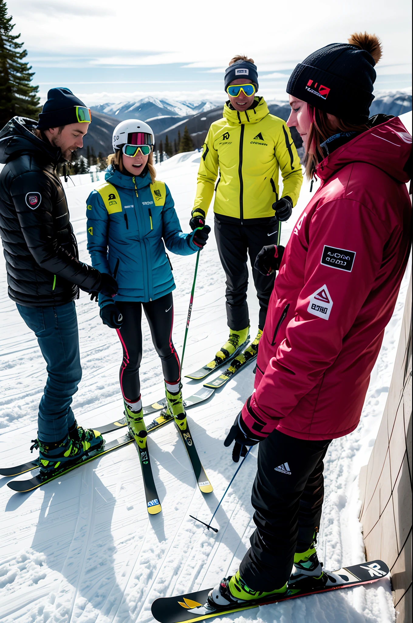 Explore the behind-the-scenes aspect of ski jumping by illustrating the preparation, including skiers checking their equipment and coaches giving last-minute advice.