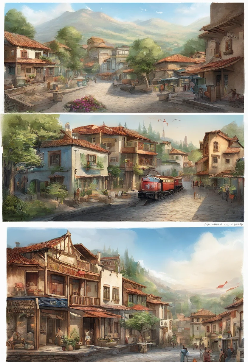 (((Comic storyboard))),comic strip,Two-dimensional picture,Manhwa Style,Makoto Shinkai animation style,Makoto Shinkai animation film art style,Ultra-wide angle of view,China-style,a town with beautiful scenery,Faraway view,Vivid and bright colors,super-fine,ultra - detailed,high qulity,8K ,oc rendered,dynamic viewing angle,Hyper Real,Ultra photo realsisim