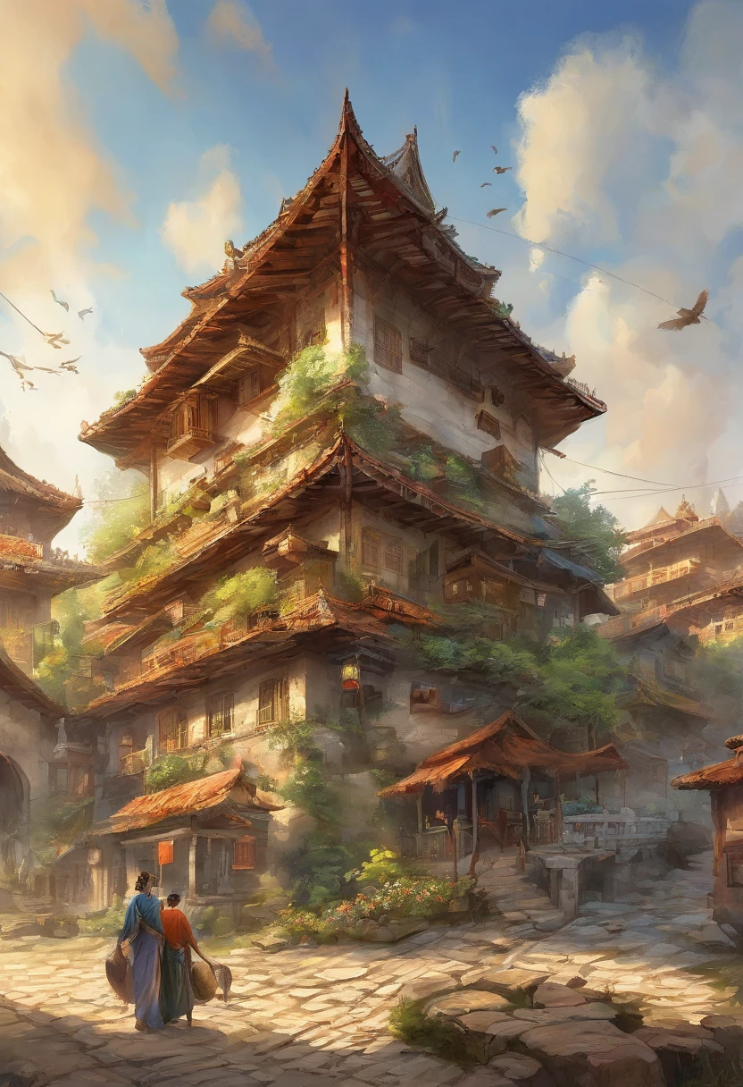（（（Comic storyboard））），comic strip，Two-dimensional picture，Manhwa Style，Makoto Shinkai animation style，Makoto Shinkai animation film art style，Ultra-wide angle of view，China-style，a town with beautiful scenery，Faraway view，Vivid and bright colors，super-fine，ultra - detailed，high qulity，8K ，oc rendered，dynamic viewing angle，Hyper Real，Ultra photo realsisim