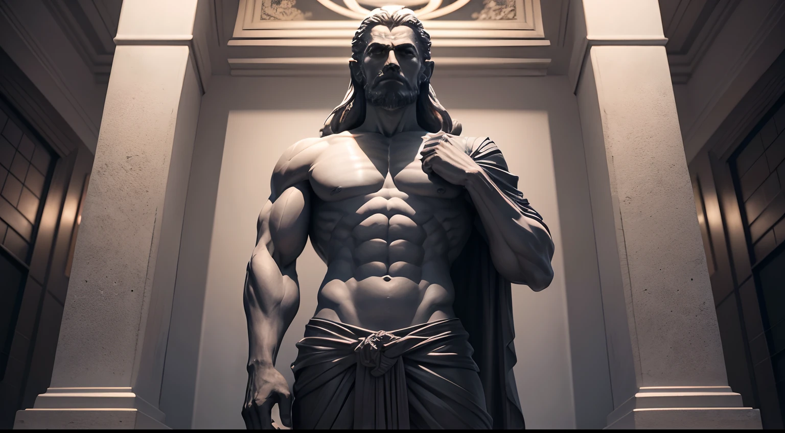 Stoic statue, with an expression of anger, usando manto e tunica longo sobre todo o corpo, Noite escura, ao ceu aberto, 35 mm, lateralmente, Filmado em Sony A7S III com Sony FE 35mm f/1.8, 12.1 MP, --AR 3:2 --estilo cru