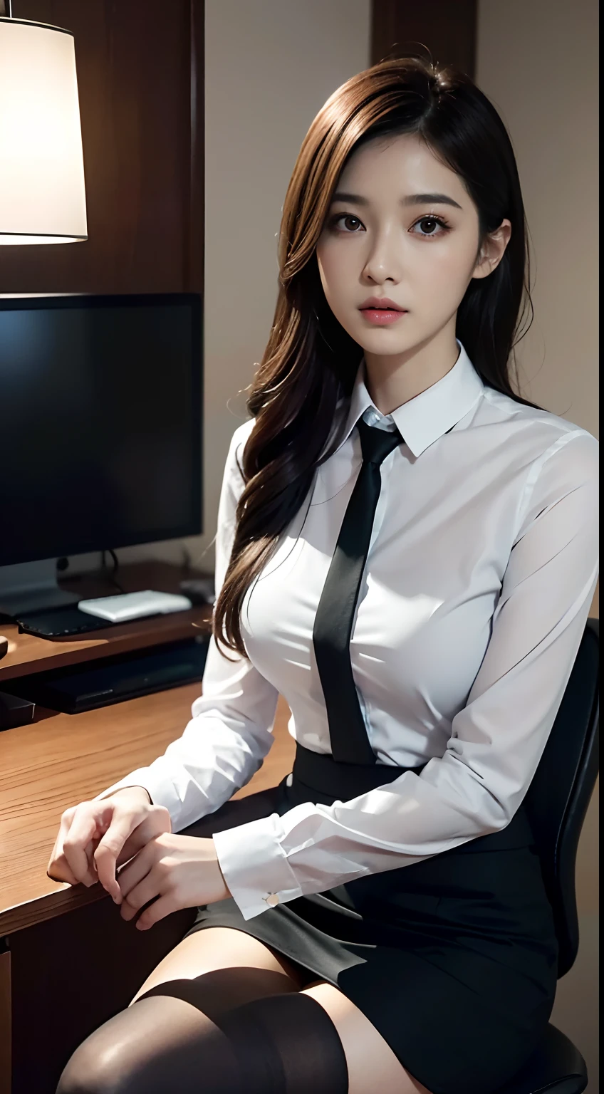 The face is :9,1714884241], Elegant upper-class elite secretary in a business shirt, sit on chair，working in an office、wearing a strict business suit, (Wear pantyhose)、(Short Layer Hair)、Crossed legs, Wear high-end heels、 (thighhighs and skirt), Girl in shirt, dressed in a suit, dressed in a suit, dressed in a suit, Merchant, Business clothes, wearing black suits, Wear a shirt and skirt, Woman in a suit, Business attire, business outfit, RAW photo, (8K、top-quality、tmasterpiece:1.2)、(intricately details:1.4)、(Photorealsitic:1.4)、octane renderings、Complex 3D Rendering Ultra Detail, Studio soft light, rim lights, vibrant detail, super detailing, realistic skin textures, Detal Face, Beautiful detail eyes, Very detailed CG Unity 16k wallpaper, Makeup - makeup, (detailedbackground:1.2), Bare with thighs!!!,